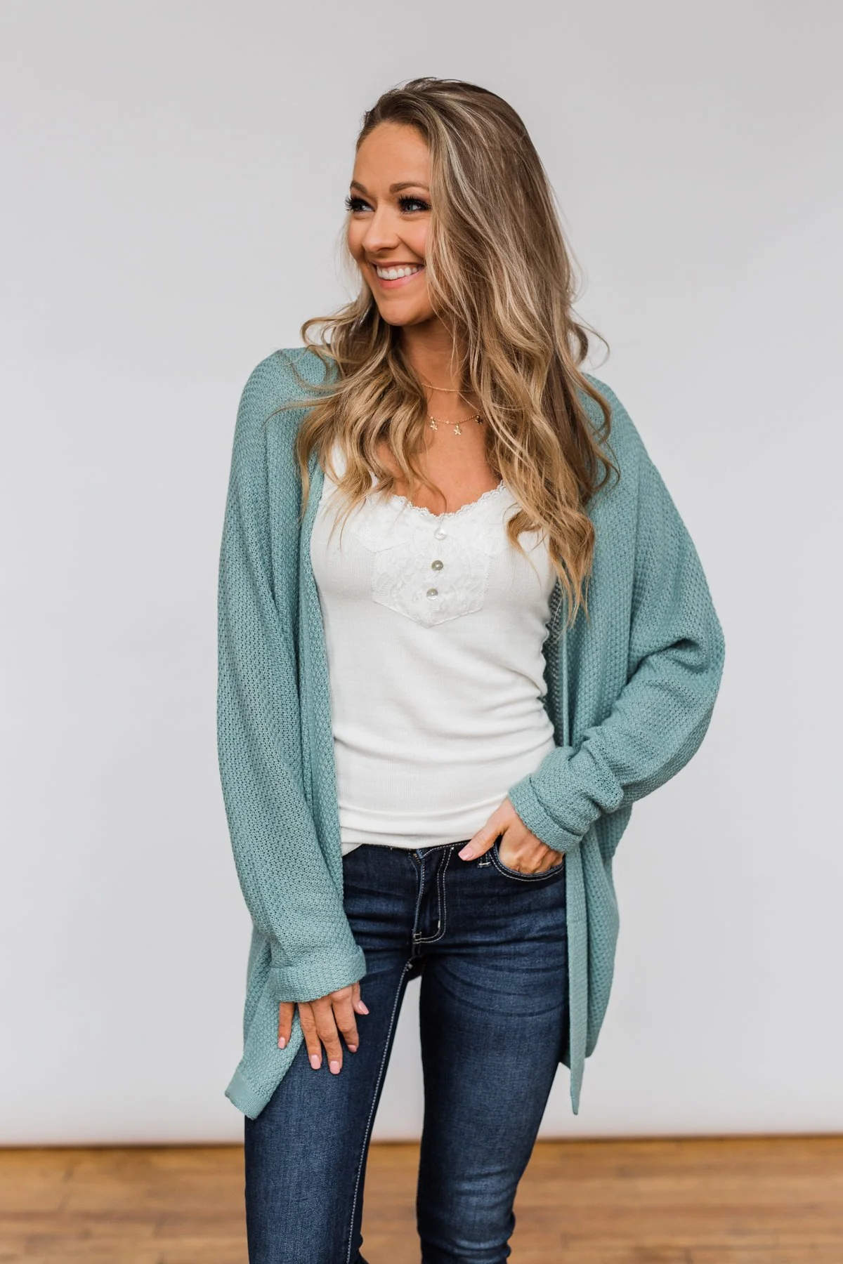 Sweet Serenity Knitted Cardigan- Slate Blue - Image 3