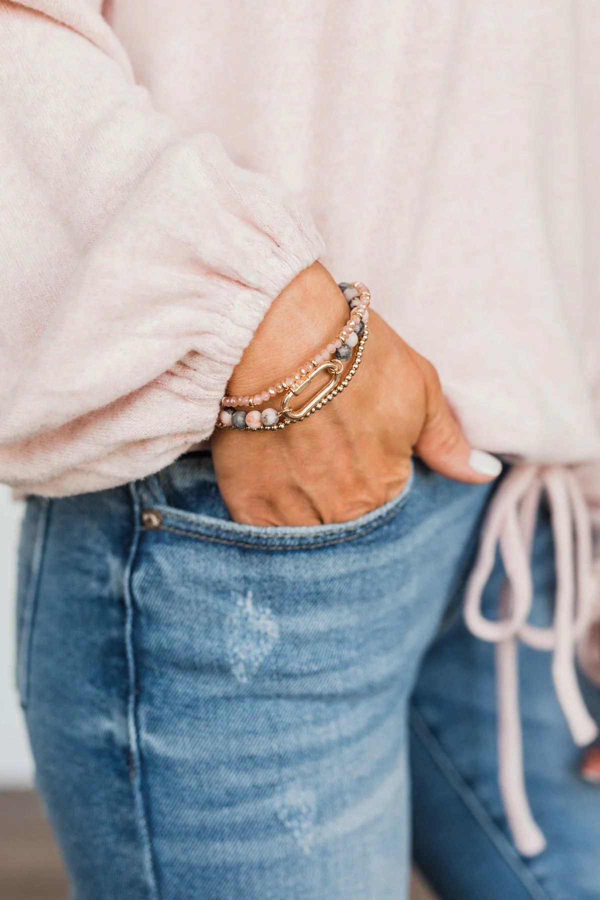 Sweet & Simple Beaded Bracelet Set- Gold & Pink - Image 2