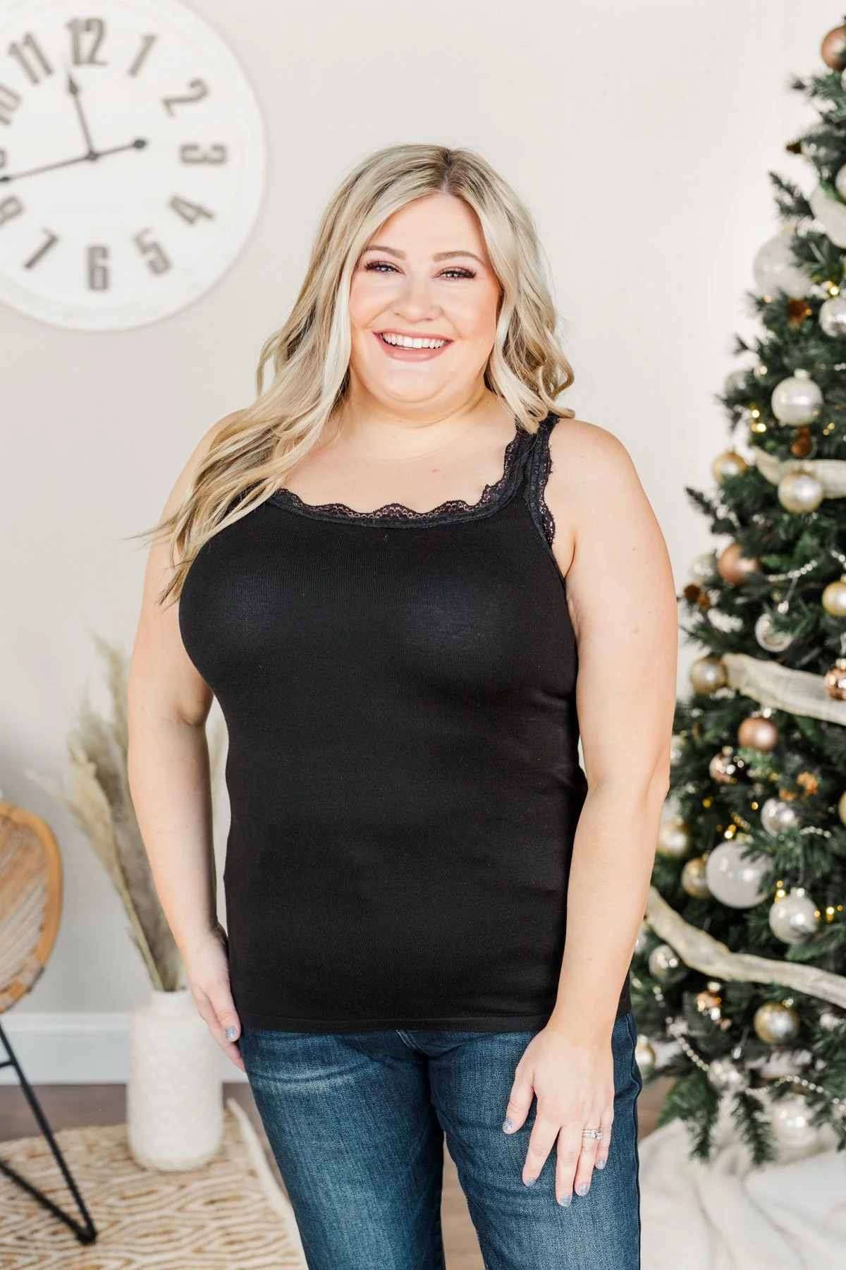 Sweet & Simple Lace Trimmed Tank Top- Black - Image 3