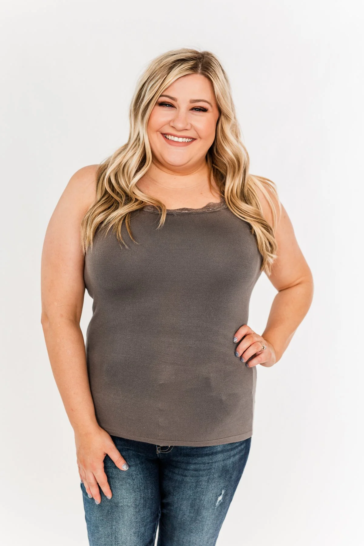 Sweet & Simple Lace Trimmed Tank Top- Dark Taupe - Image 2