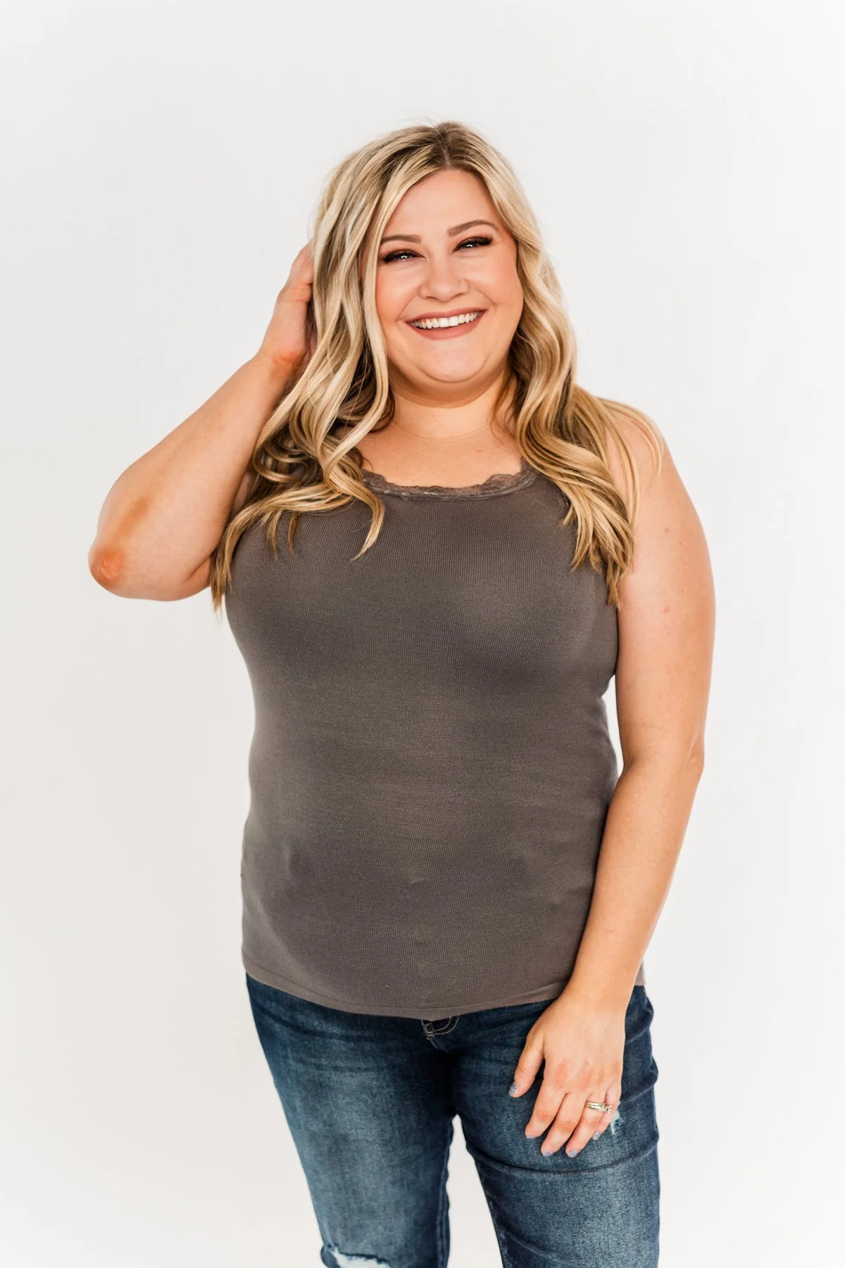 Sweet & Simple Lace Trimmed Tank Top- Dark Taupe - Image 4