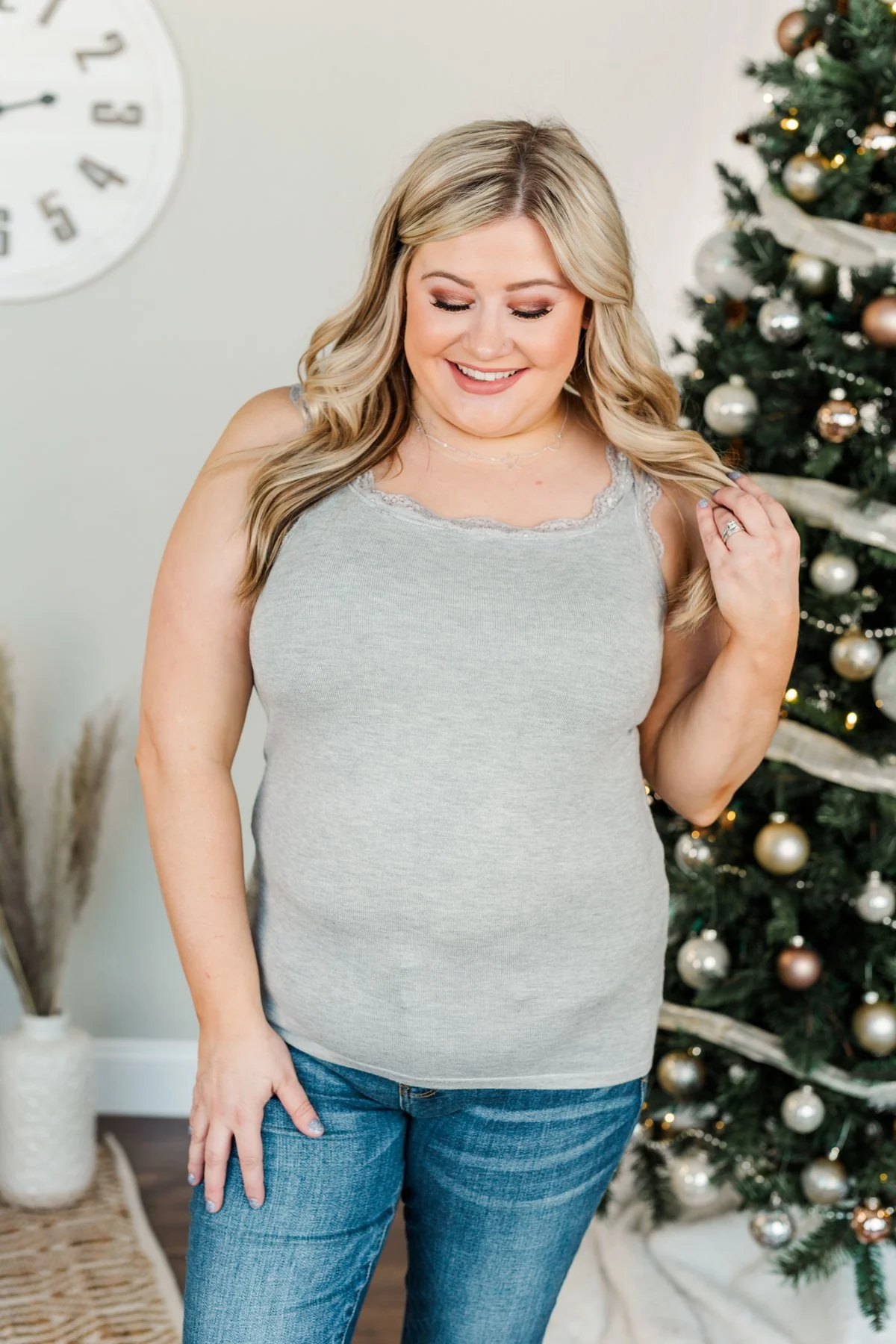 Sweet & Simple Lace Trimmed Tank Top- Light Grey - Image 3
