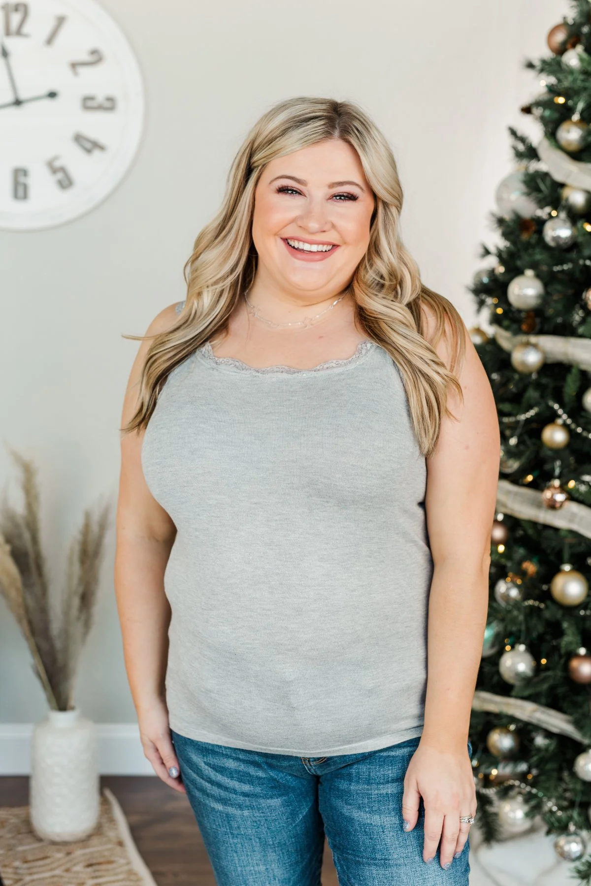 Sweet & Simple Lace Trimmed Tank Top- Light Grey - Image 5
