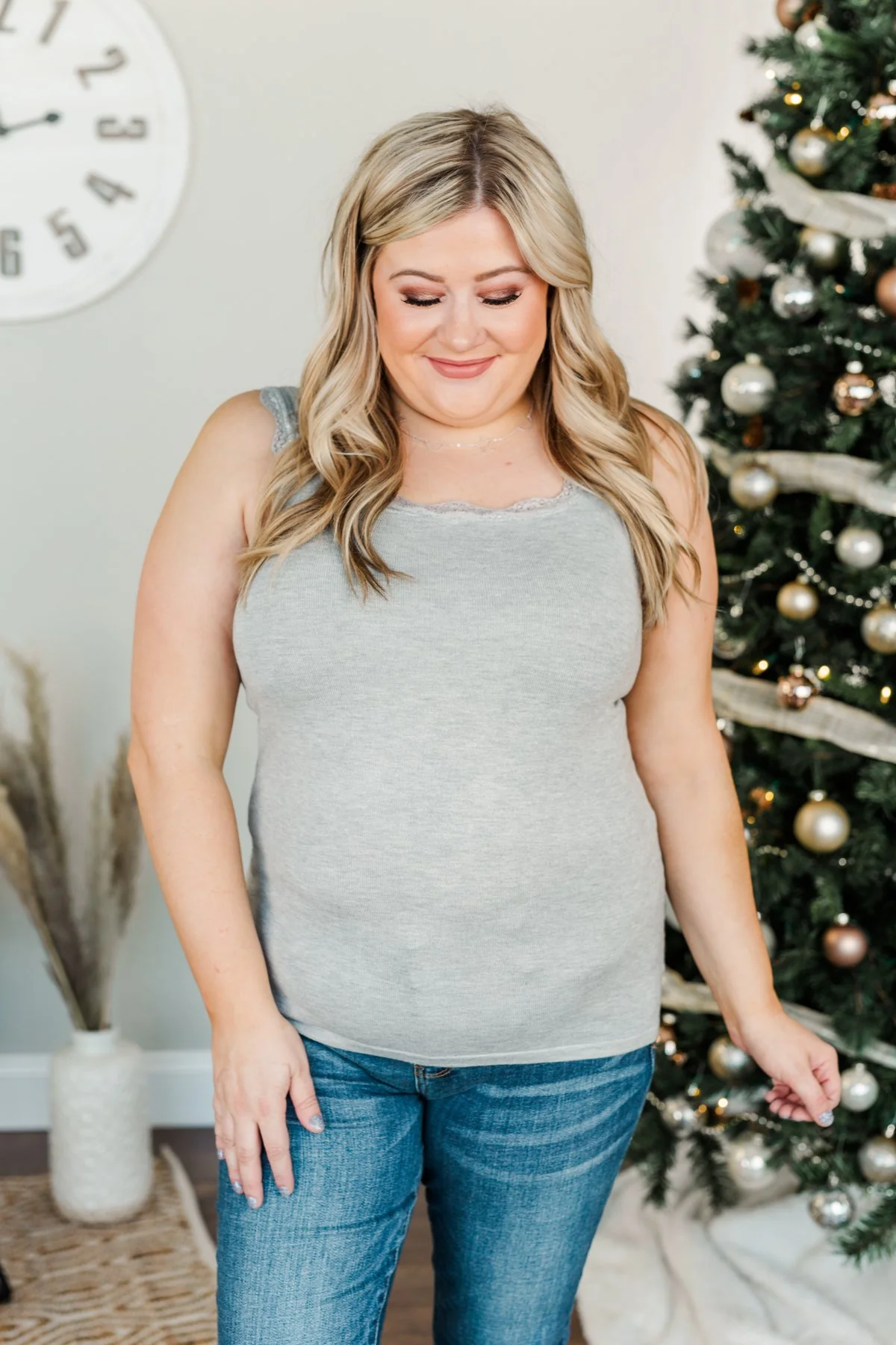 Sweet & Simple Lace Trimmed Tank Top- Light Grey - Image 7