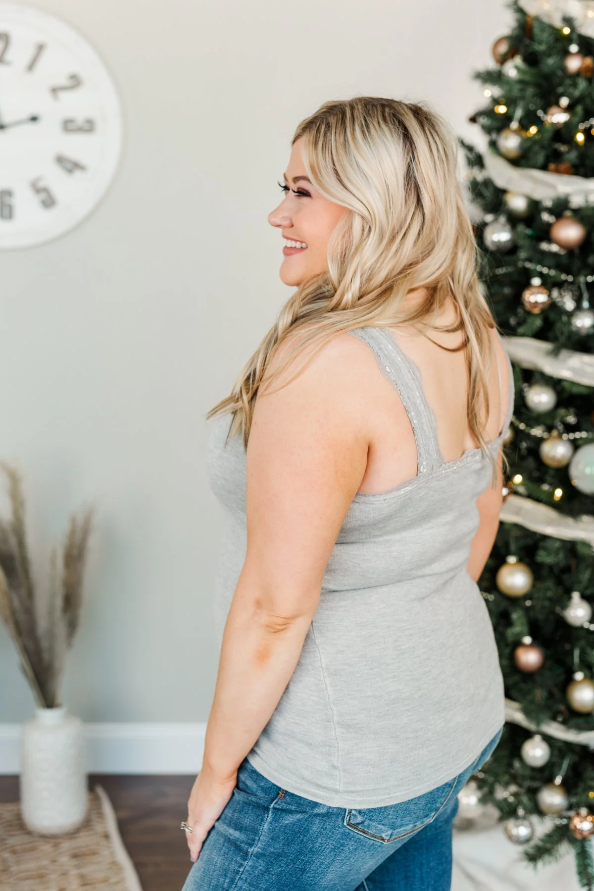 Sweet & Simple Lace Trimmed Tank Top- Light Grey - Image 9
