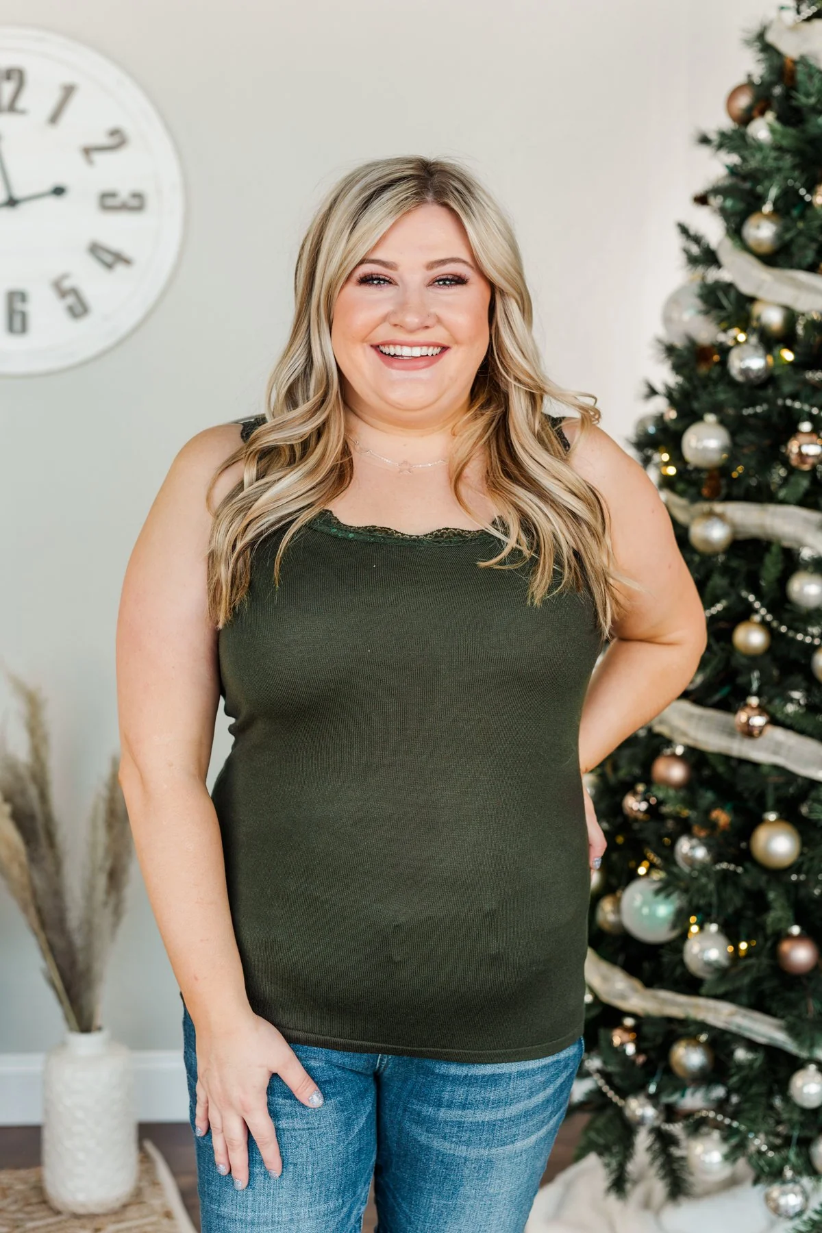 Sweet & Simple Lace Trimmed Tank Top- Dark Olive - Image 3