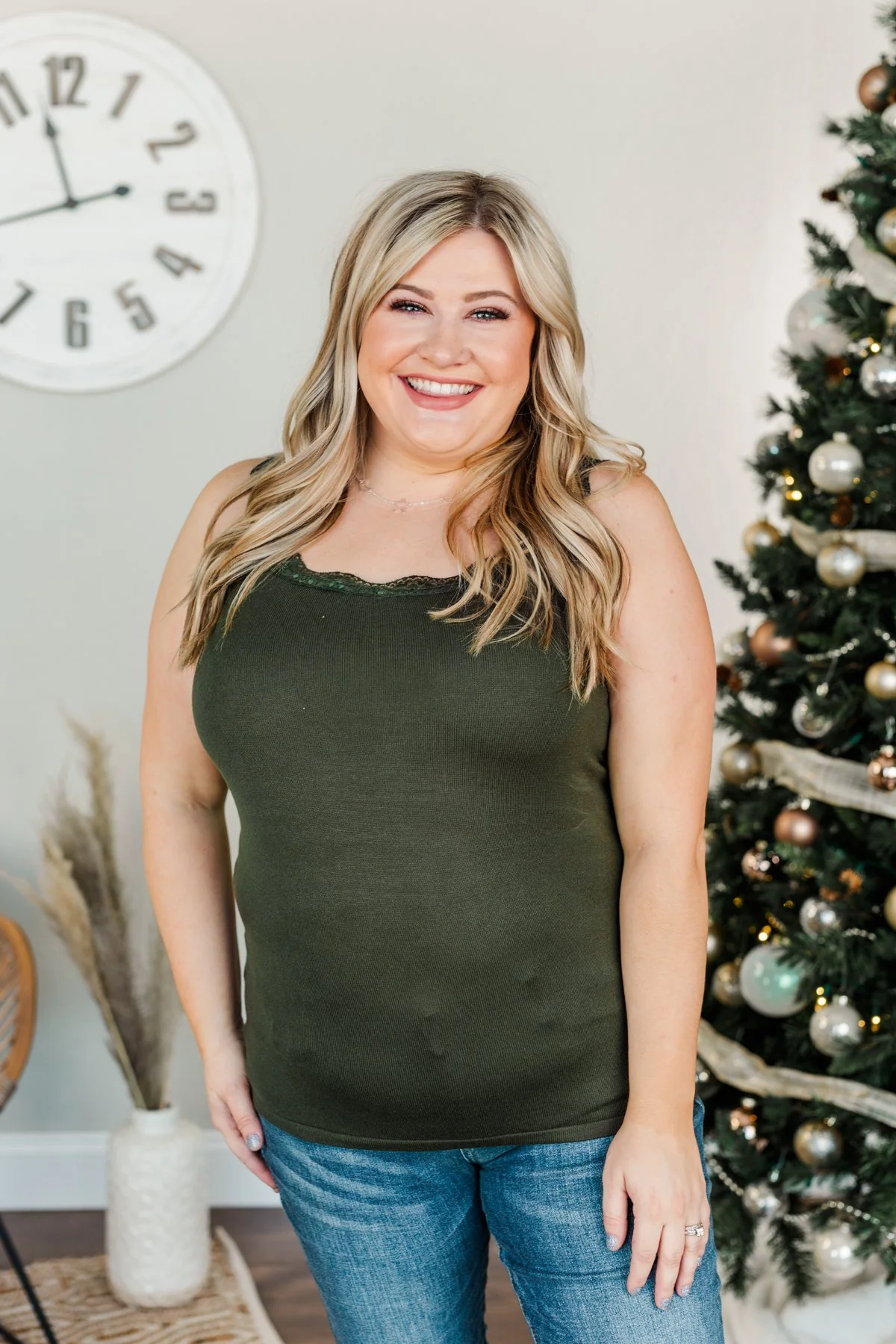 Sweet & Simple Lace Trimmed Tank Top- Dark Olive - Image 5