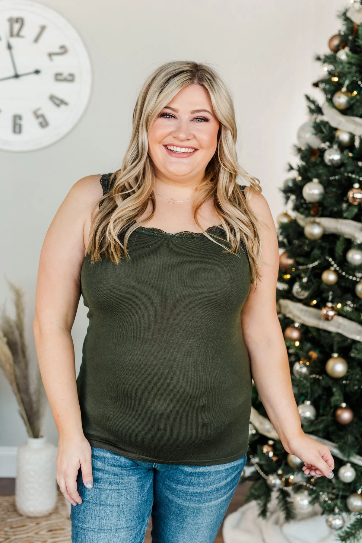 Sweet & Simple Lace Trimmed Tank Top- Dark Olive - Image 7