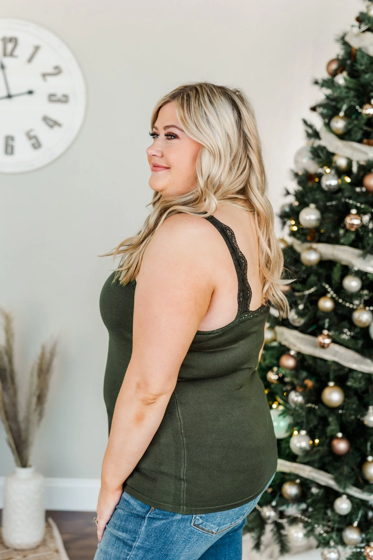 Sweet & Simple Lace Trimmed Tank Top- Dark Olive - Image 9