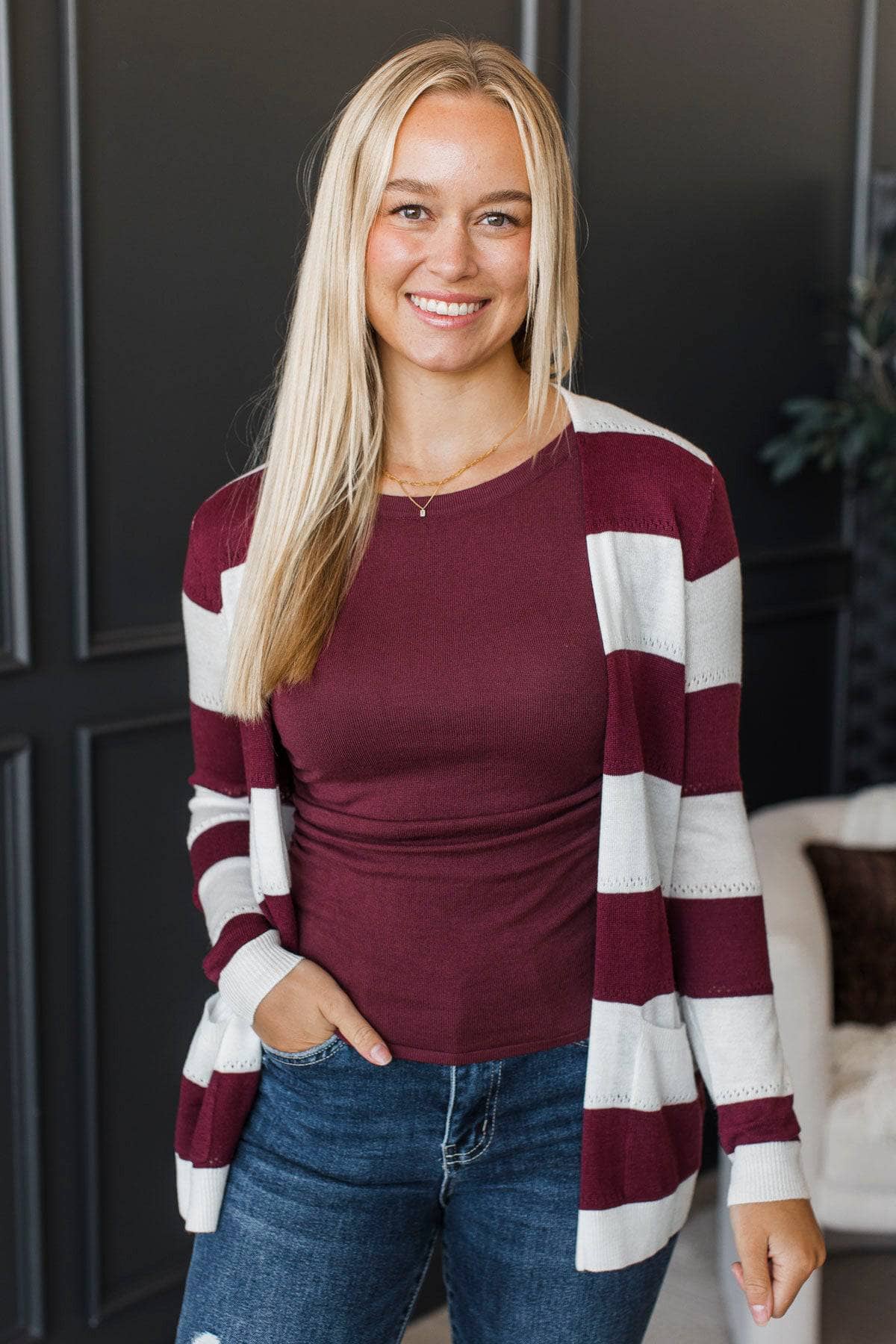 Sweet & Sincere Striped Pointelle Cardigan- Ivory & Burgundy
