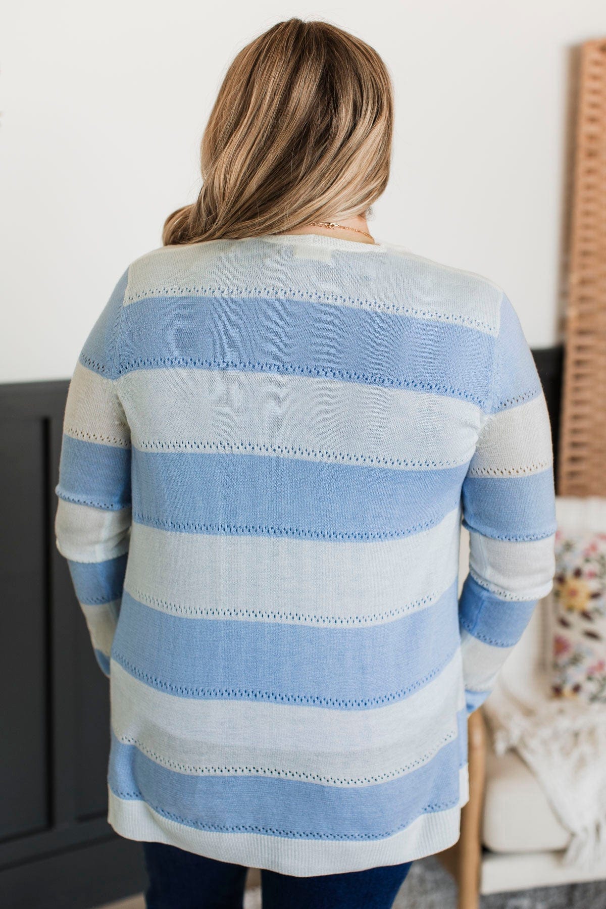 Sweet & Sincere Striped Pointelle Cardigan- Ivory & Chambray - Image 8