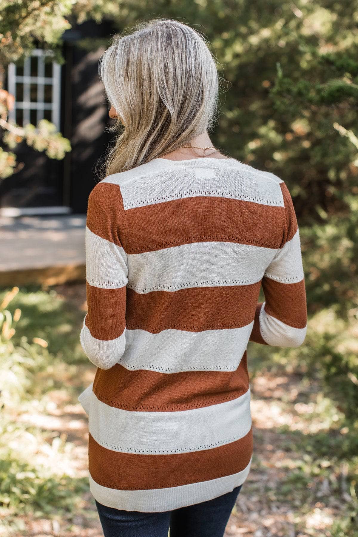 Sweet & Sincere Striped Pointelle Cardigan- Ivory & Copper - Image 11