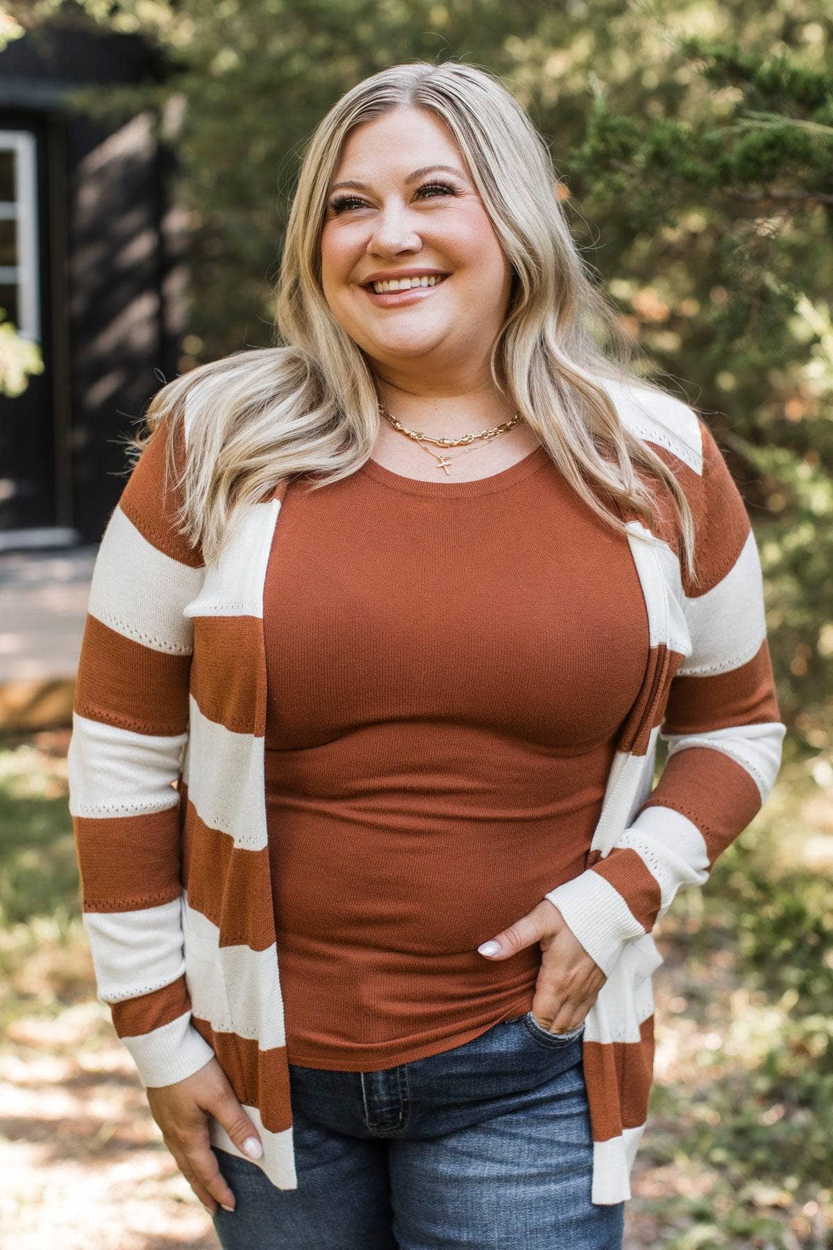 Sweet & Sincere Striped Pointelle Cardigan- Ivory & Copper - Image 2