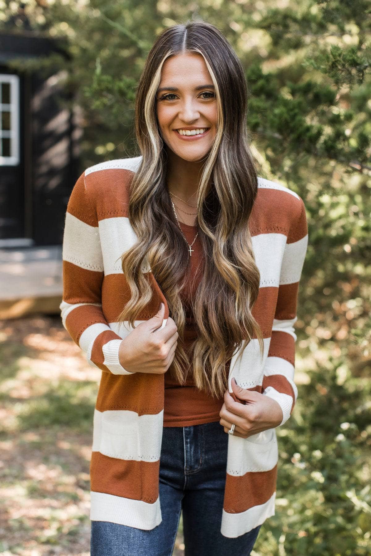 Sweet & Sincere Striped Pointelle Cardigan- Ivory & Copper - Image 3