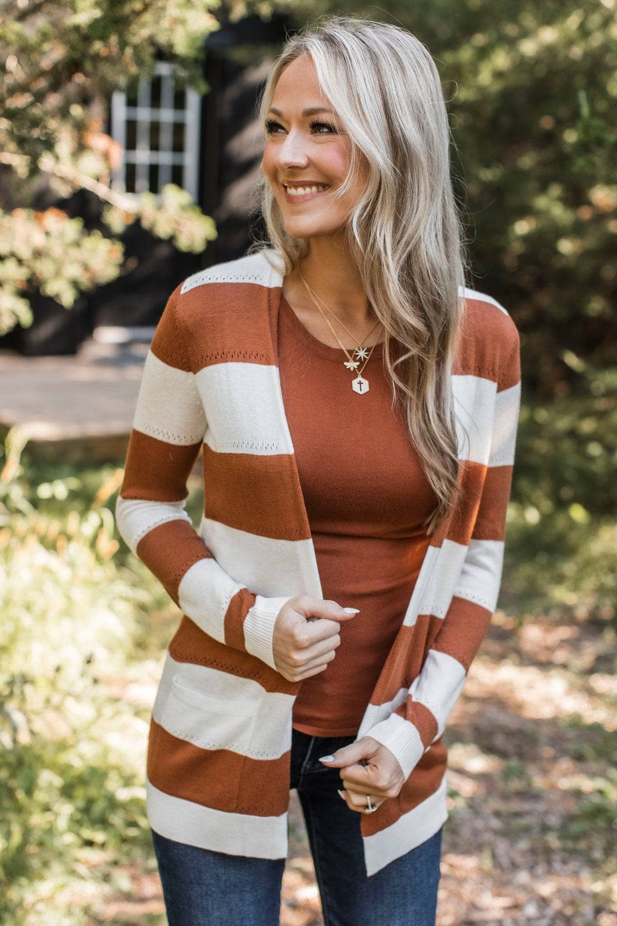 Sweet & Sincere Striped Pointelle Cardigan- Ivory & Copper - Image 4