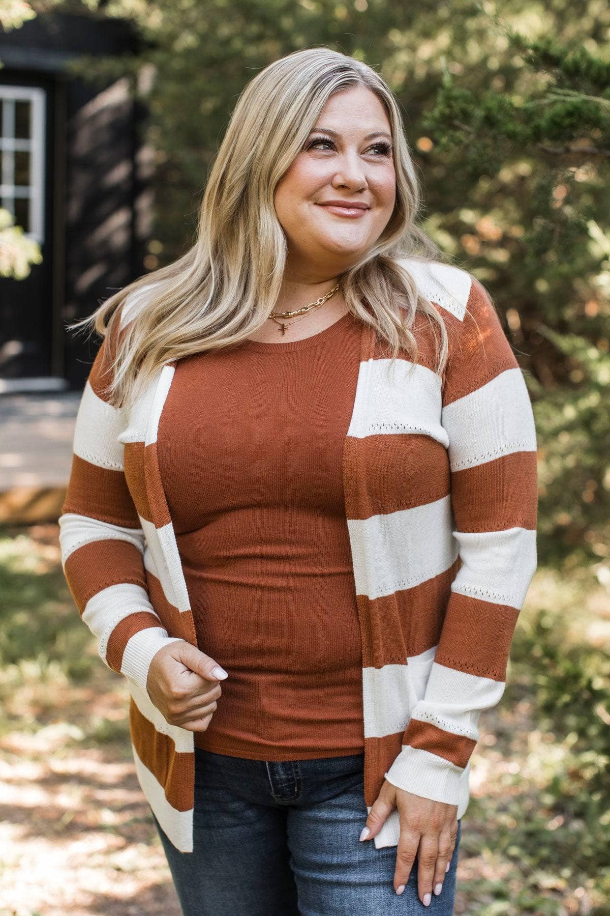 Sweet & Sincere Striped Pointelle Cardigan- Ivory & Copper - Image 5