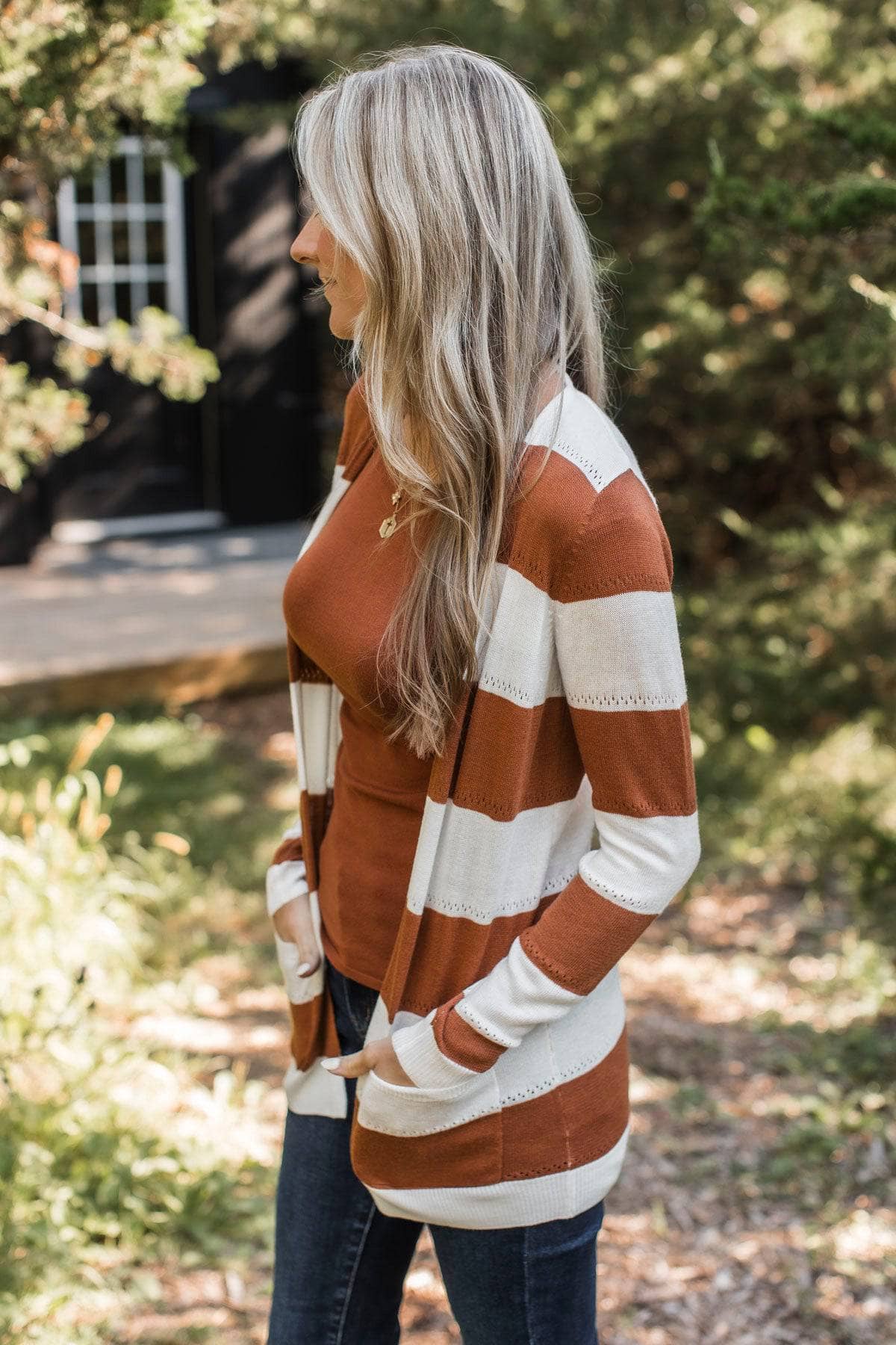 Sweet & Sincere Striped Pointelle Cardigan- Ivory & Copper - Image 7