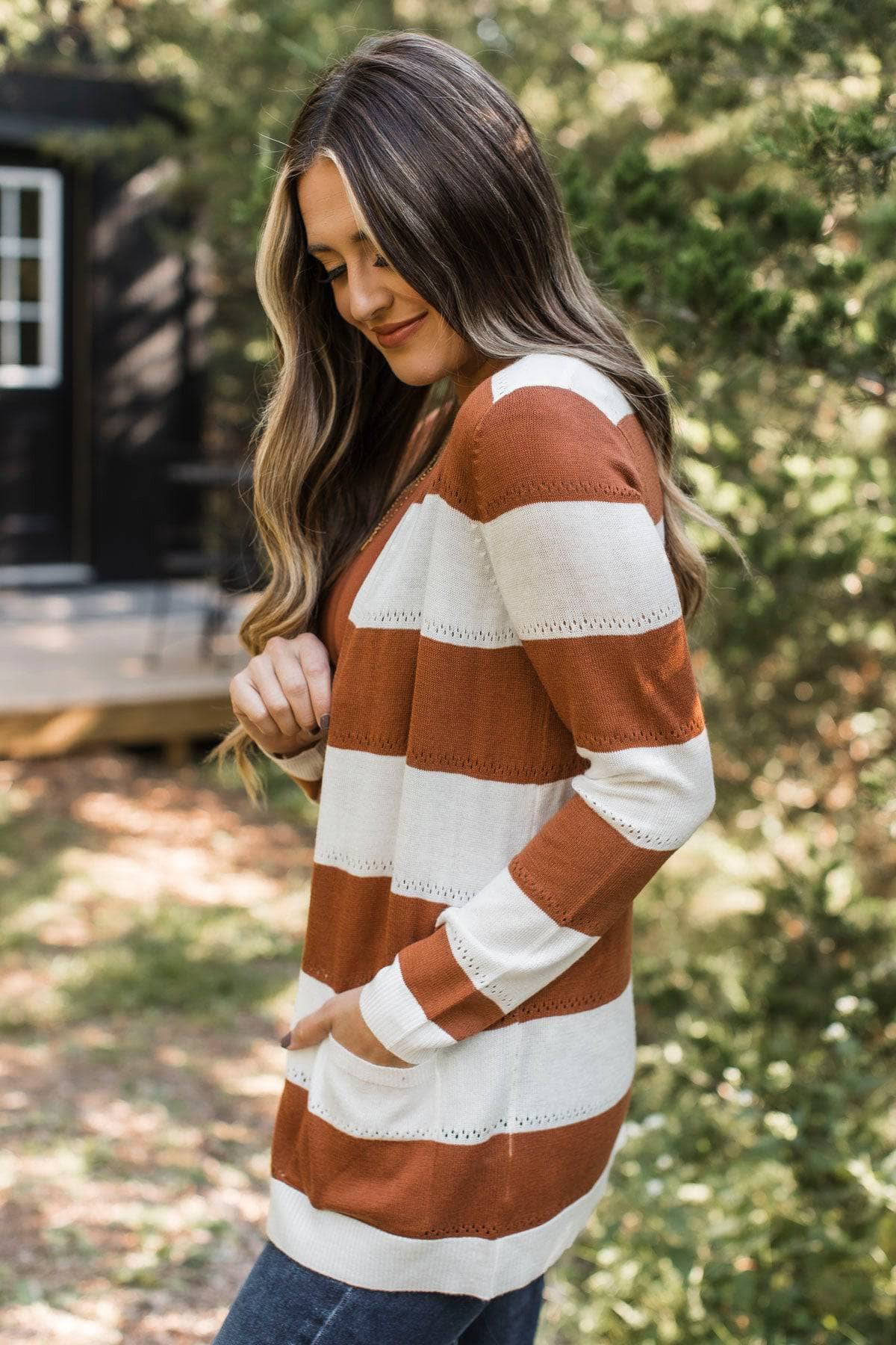 Sweet & Sincere Striped Pointelle Cardigan- Ivory & Copper - Image 9