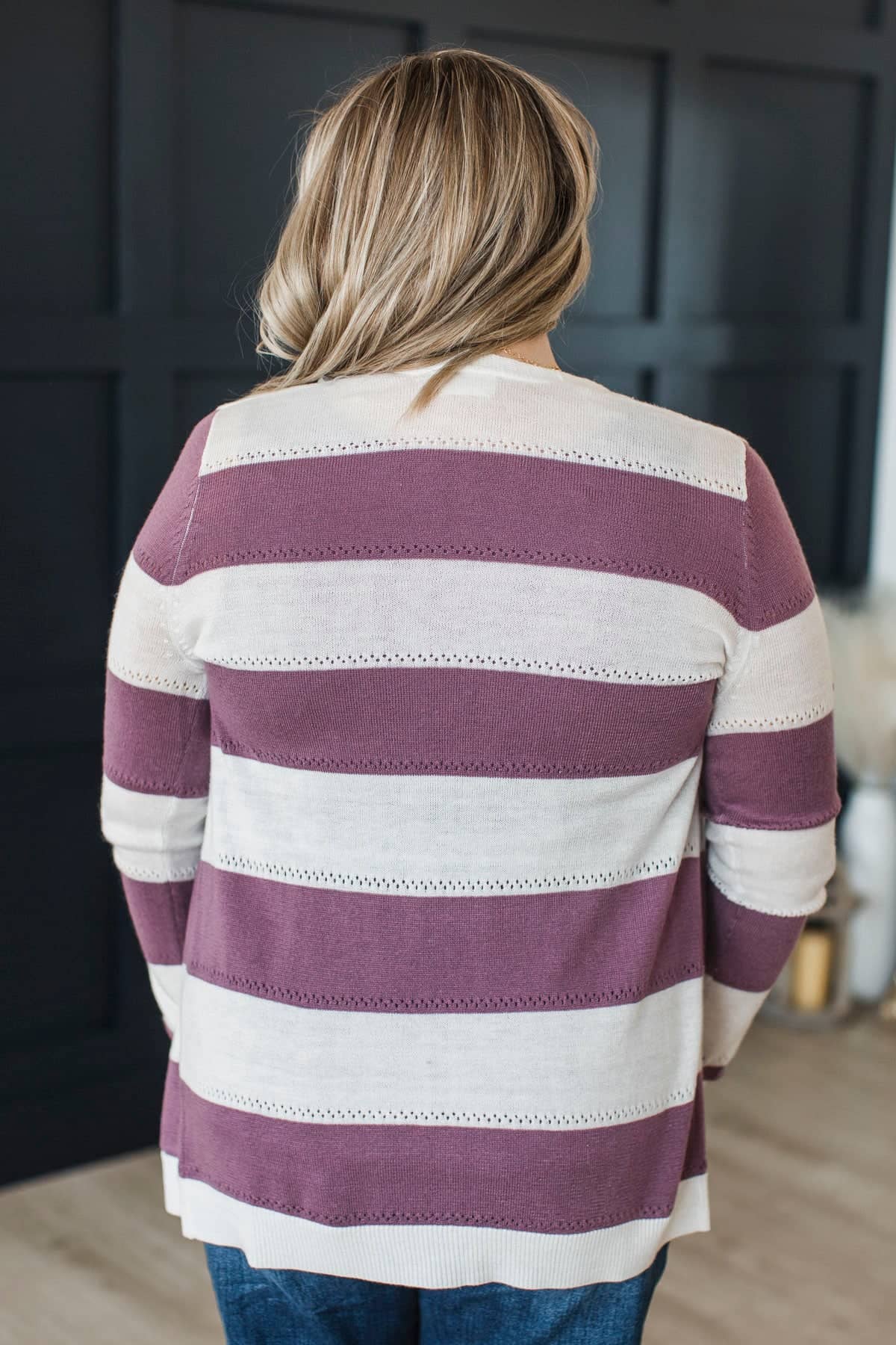 Sweet & Sincere Striped Pointelle Cardigan- Ivory & Dark Dusty Lavender - Image 8