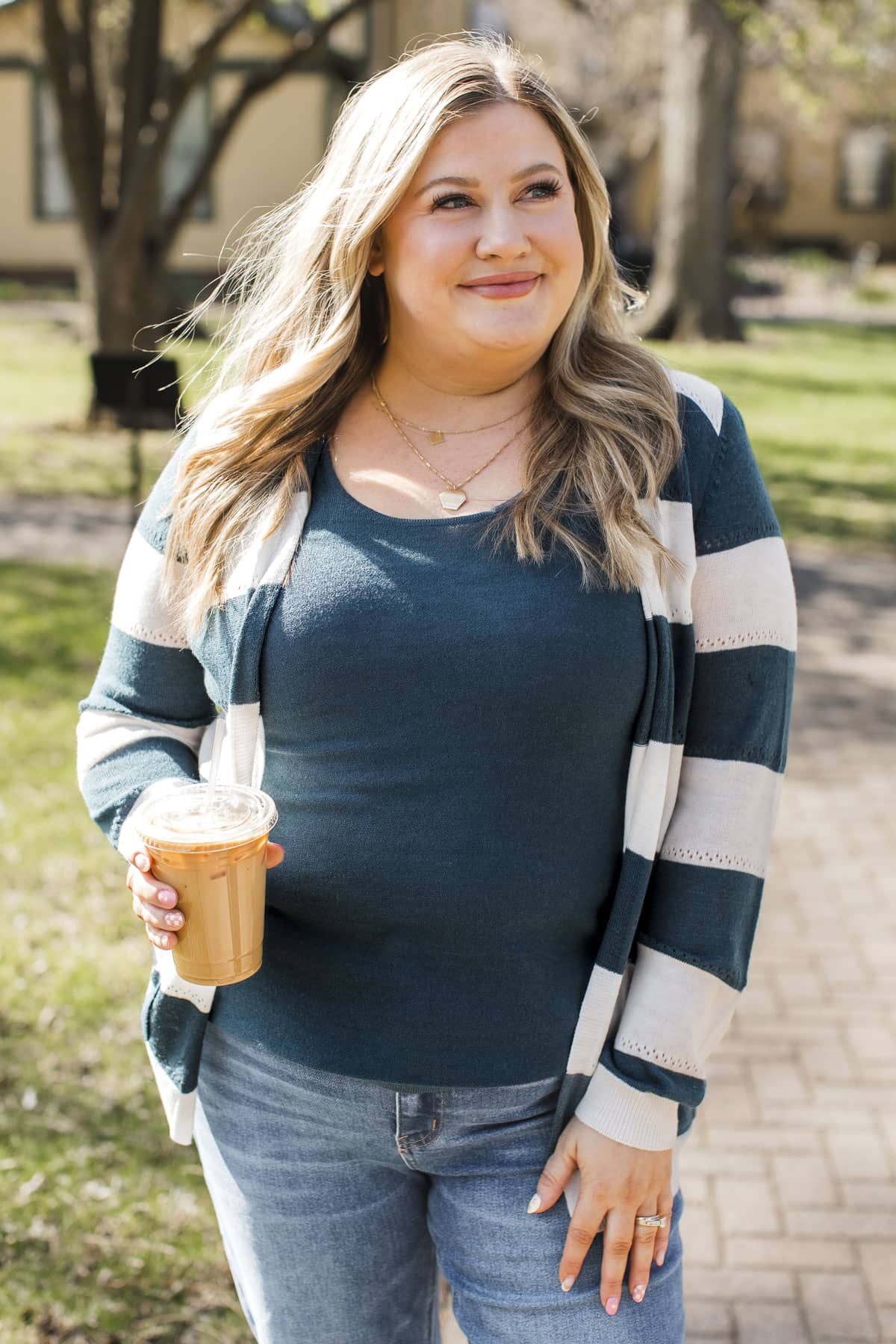 Sweet & Sincere Striped Pointelle Cardigan- Ivory & Dark Teal - Image 4