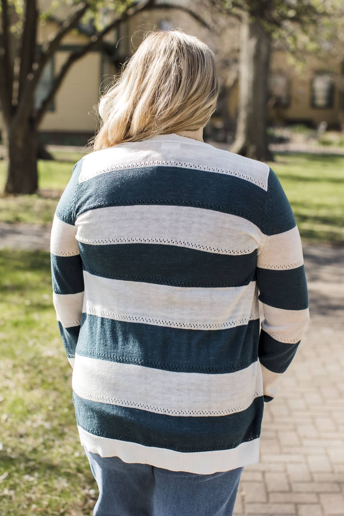 Sweet & Sincere Striped Pointelle Cardigan- Ivory & Dark Teal - Image 9