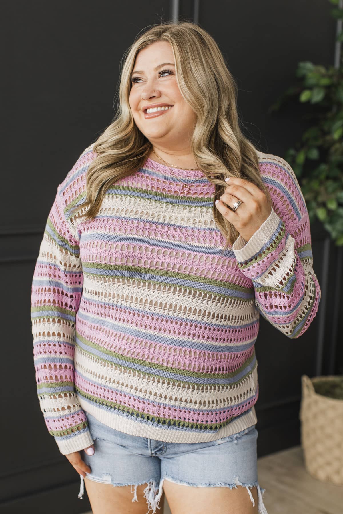 Sweet & Snug Open Knit Sweater- Pink Multi - Image 3