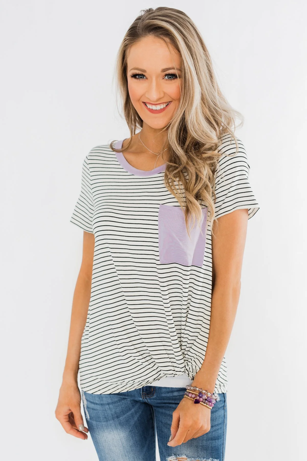 Sweet Spring Striped Pocket Top- Ivory & Lilac - Image 2