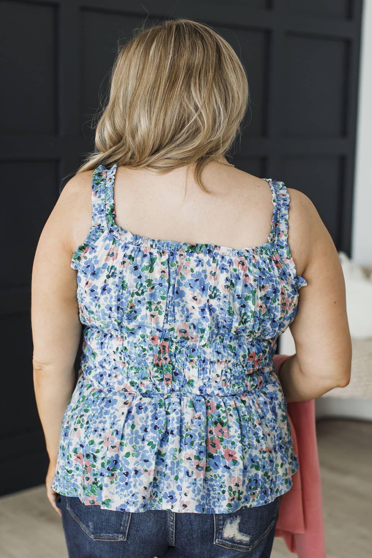 Sweet Style Smocked Peplum Tank Top- Ivory & Blue - Image 8