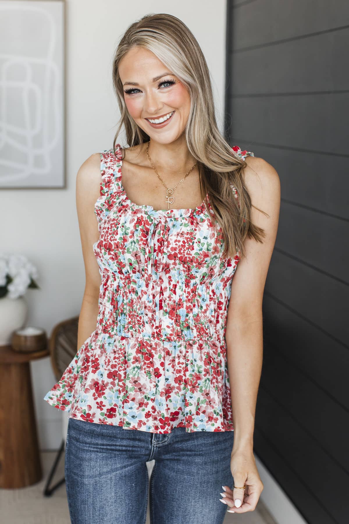 Sweet Style Smocked Peplum Tank Top- Ivory & Red - Image 4