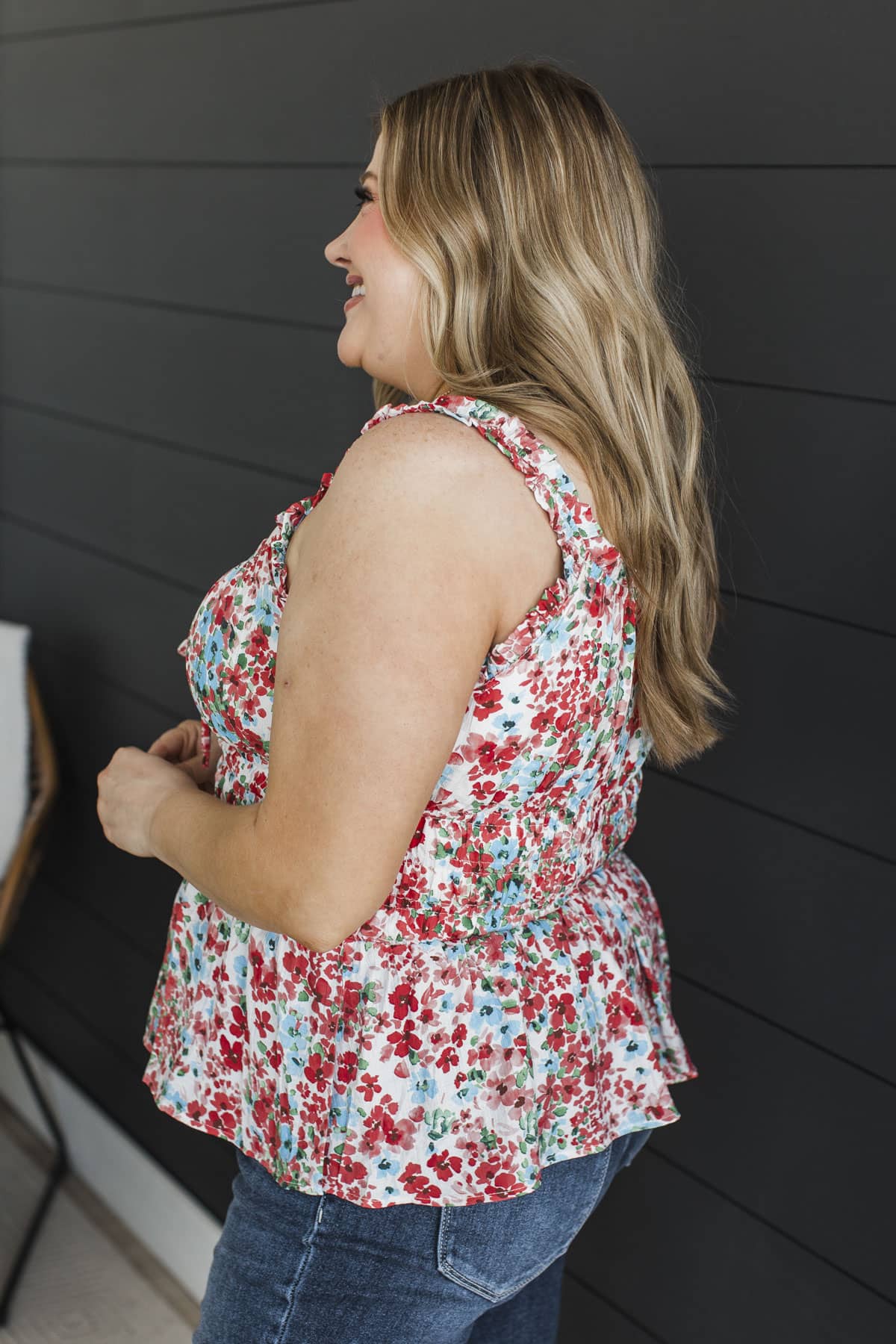 Sweet Style Smocked Peplum Tank Top- Ivory & Red - Image 5
