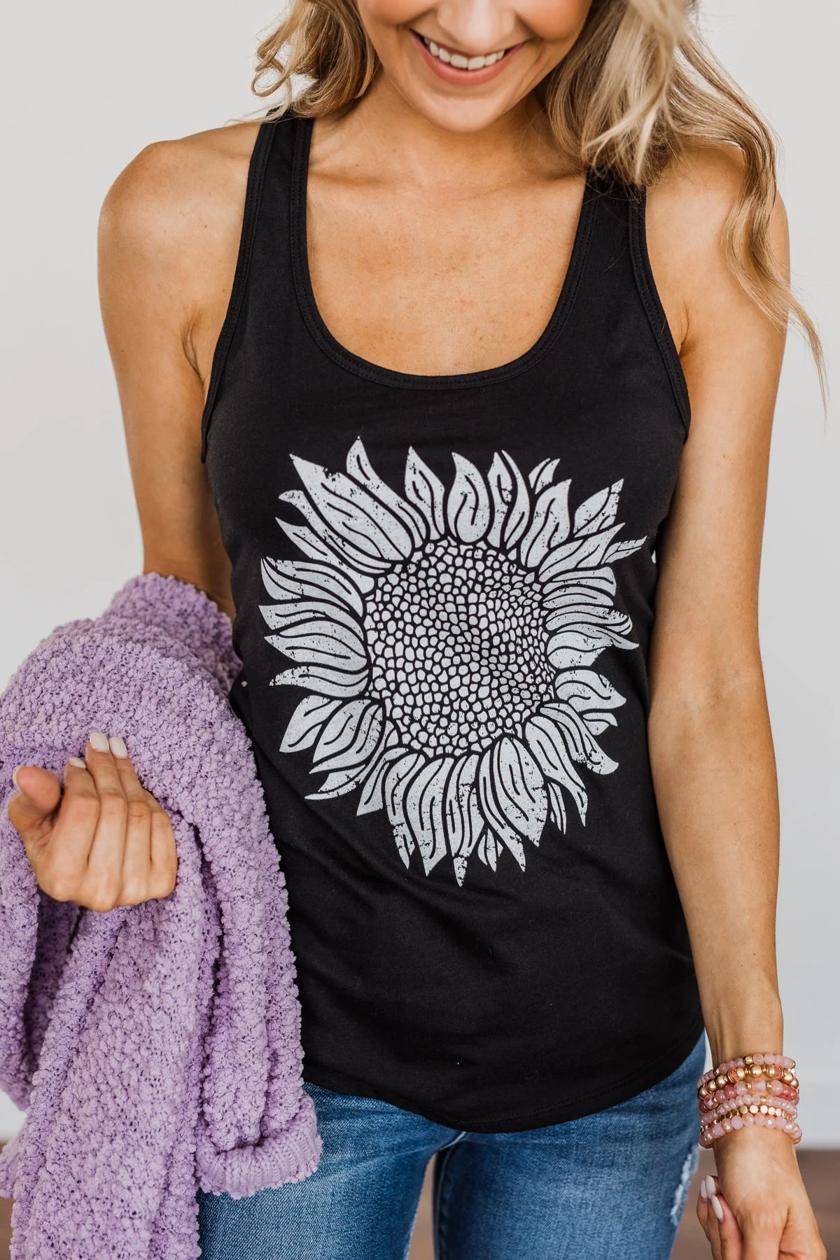Sweet Sunflower Racerback Graphic Tank Top- Black - Image 3