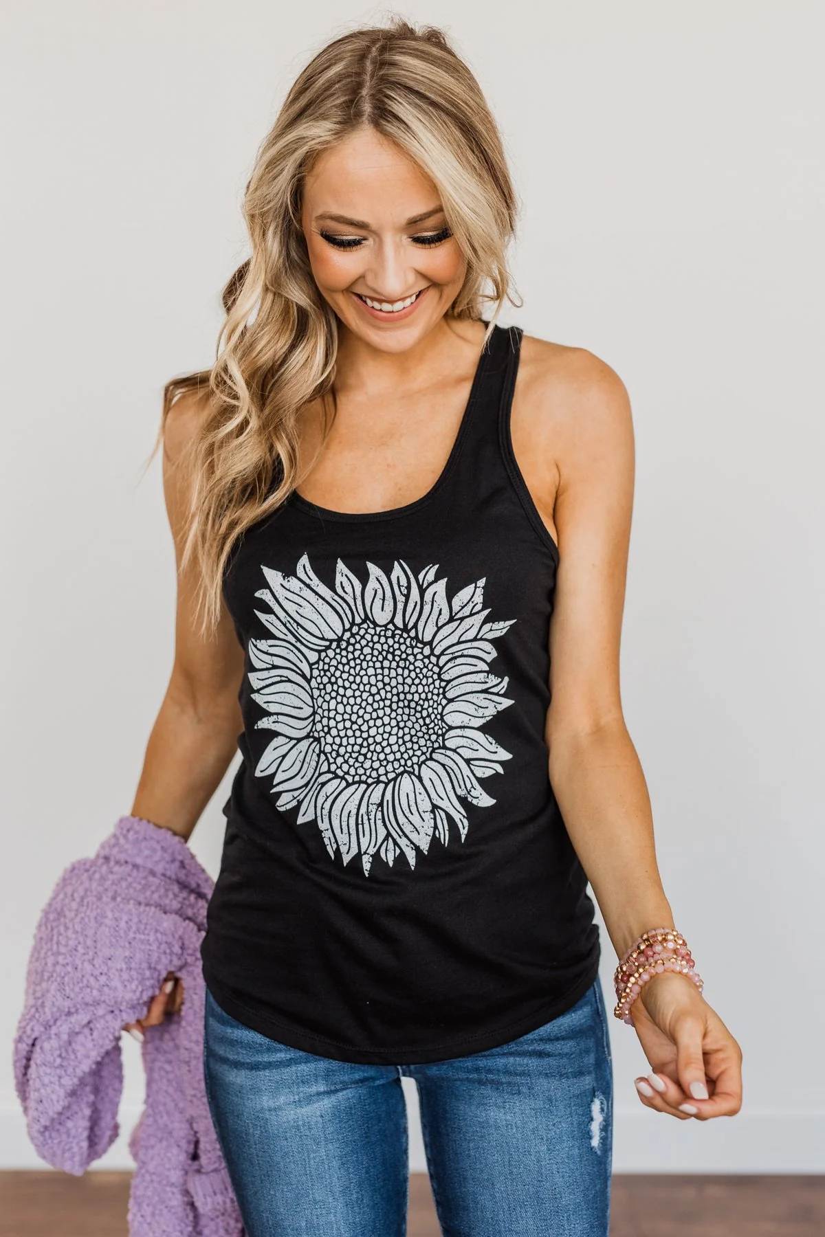 Sweet Sunflower Racerback Graphic Tank Top- Black - Image 5