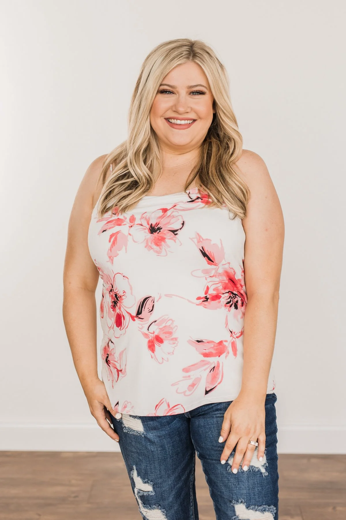 Sweet & Sunkissed Floral Tank Top- Ivory & Coral - Image 2