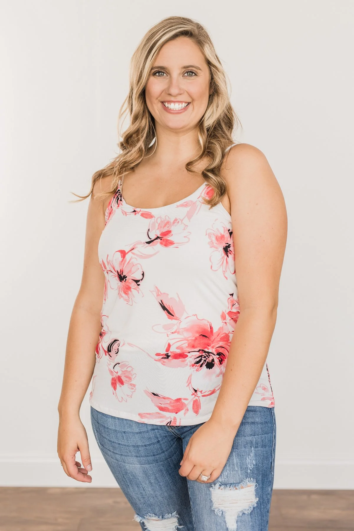 Sweet & Sunkissed Floral Tank Top- Ivory & Coral - Image 9