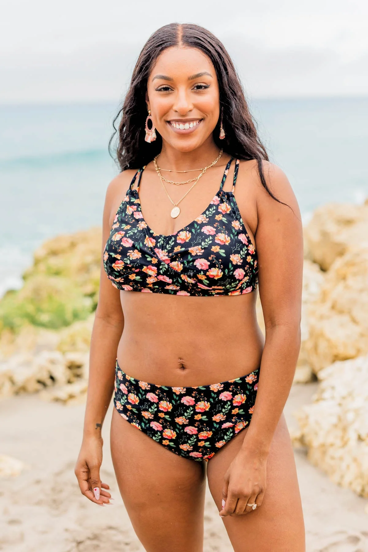 Sweet Sunshine Criss-Cross Bikini Top- Black & Orange Floral - Image 3