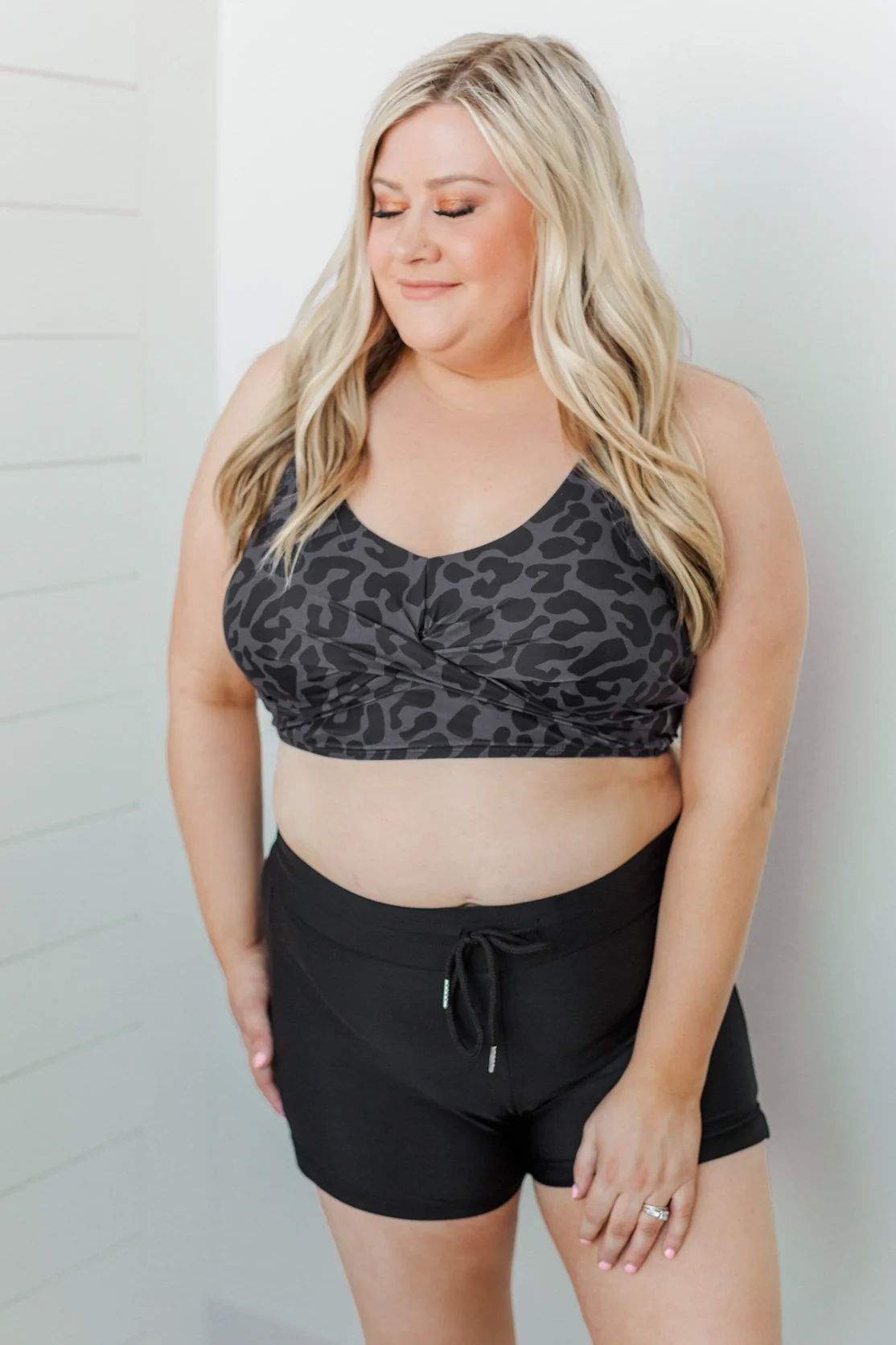Sweet Sunshine Criss-Cross Bikini Top- Charcoal Leopard Print - Image 5