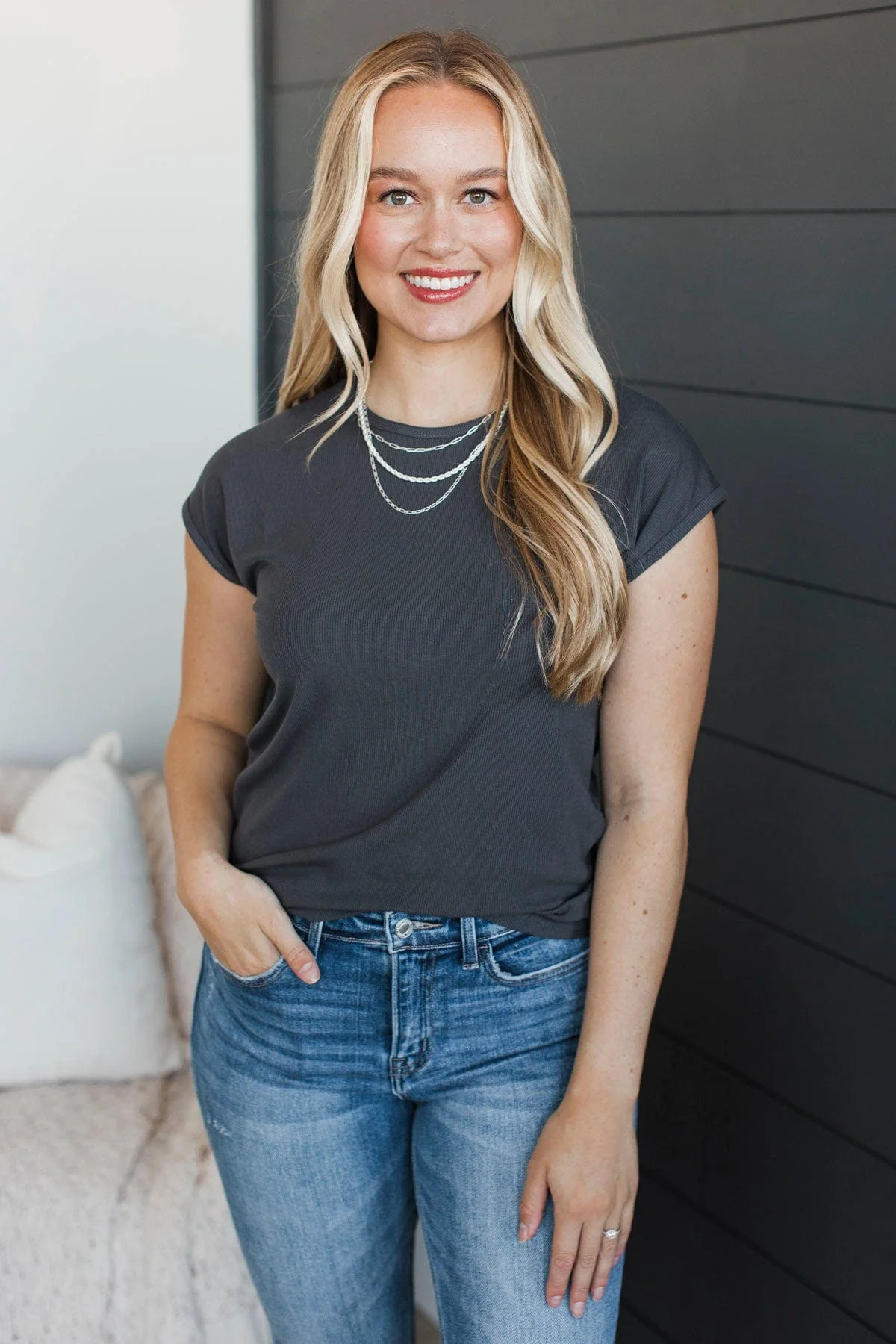 Sweet Surprise Ribbed Top- Charcoal - Image 3