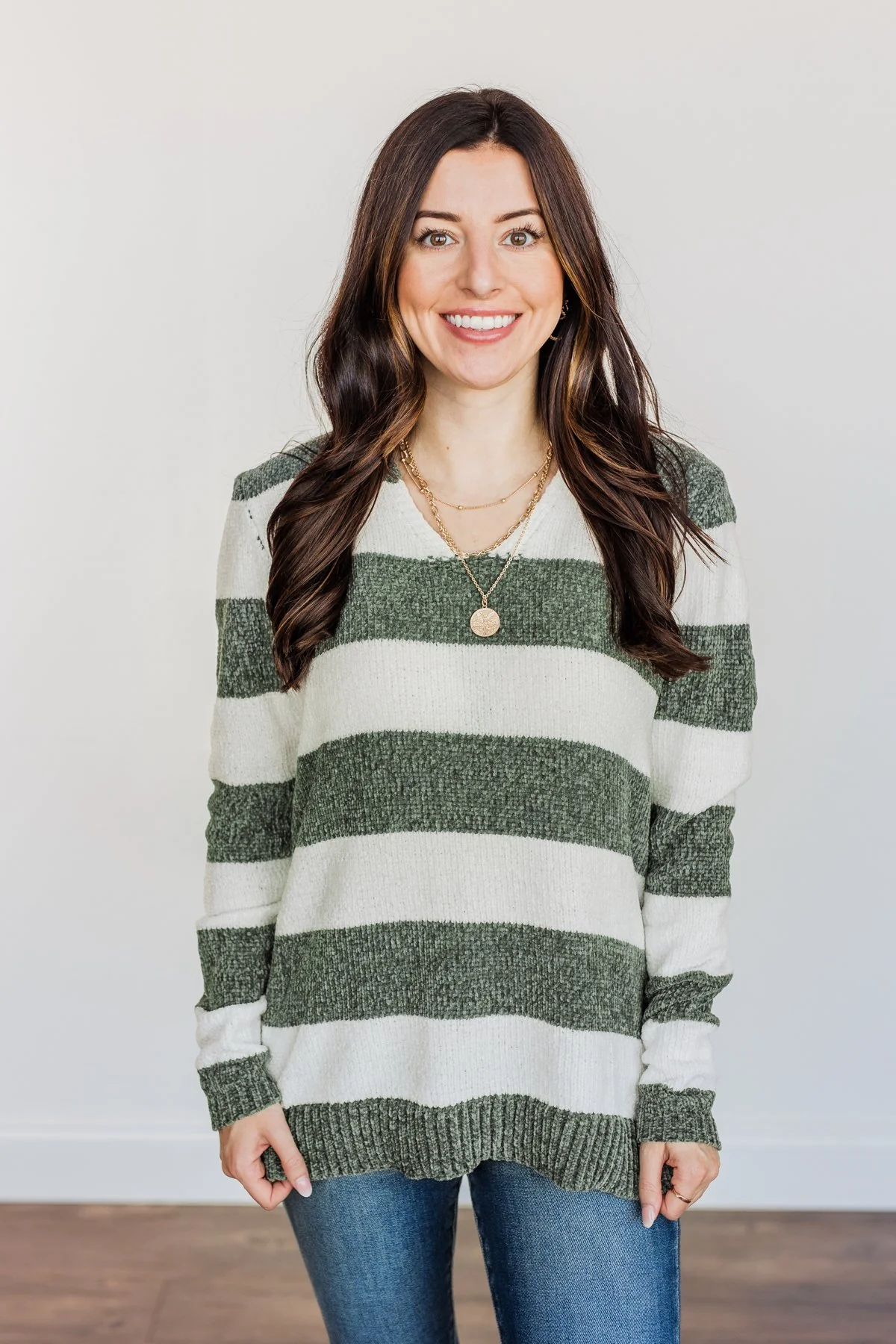 Sweet Symphony Striped Sweater- Dusty Olive & Ivory - Image 3