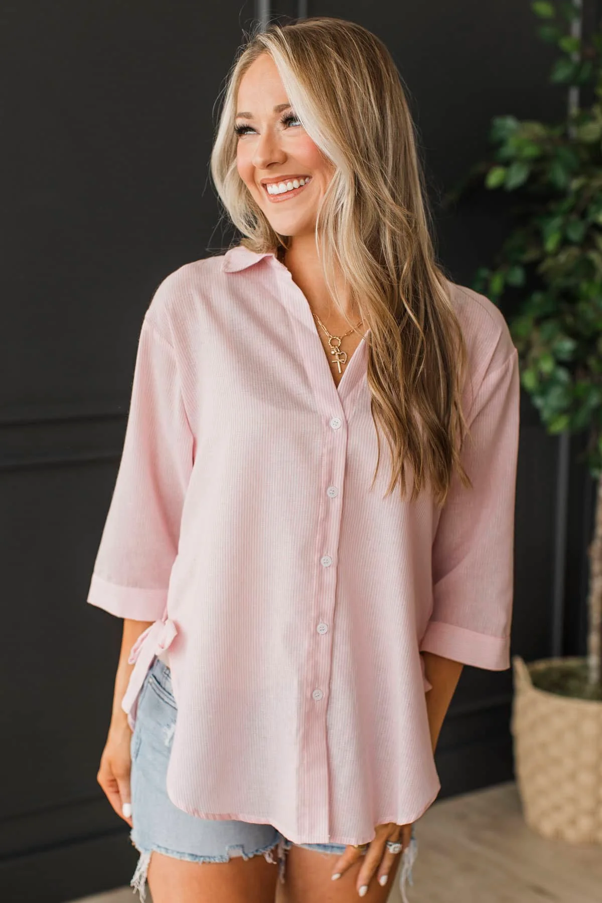 Sweet Temptation Long Sleeve Button Top- Blush Pink - Image 3