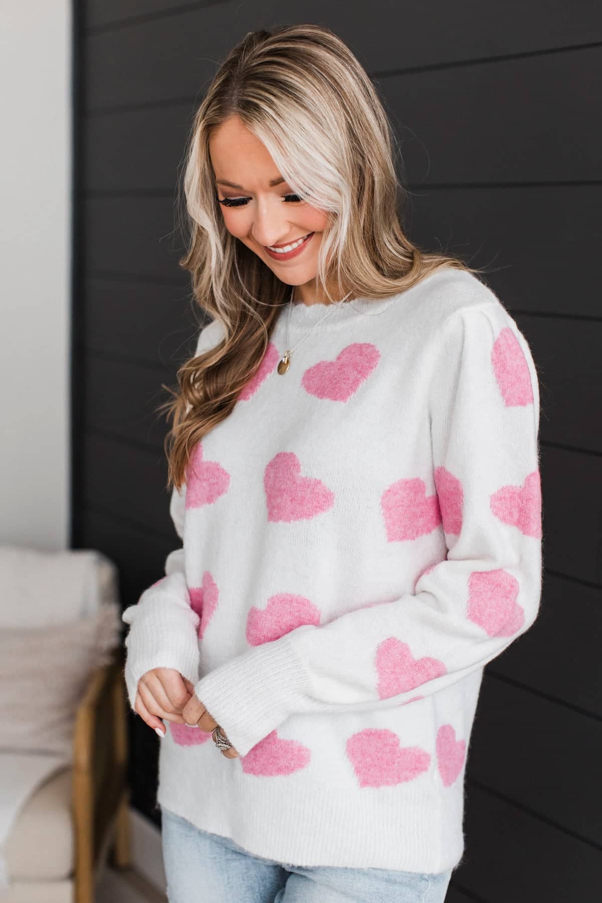 Sweet Valentine Heart Print Knit Sweater- Ivory - Image 4