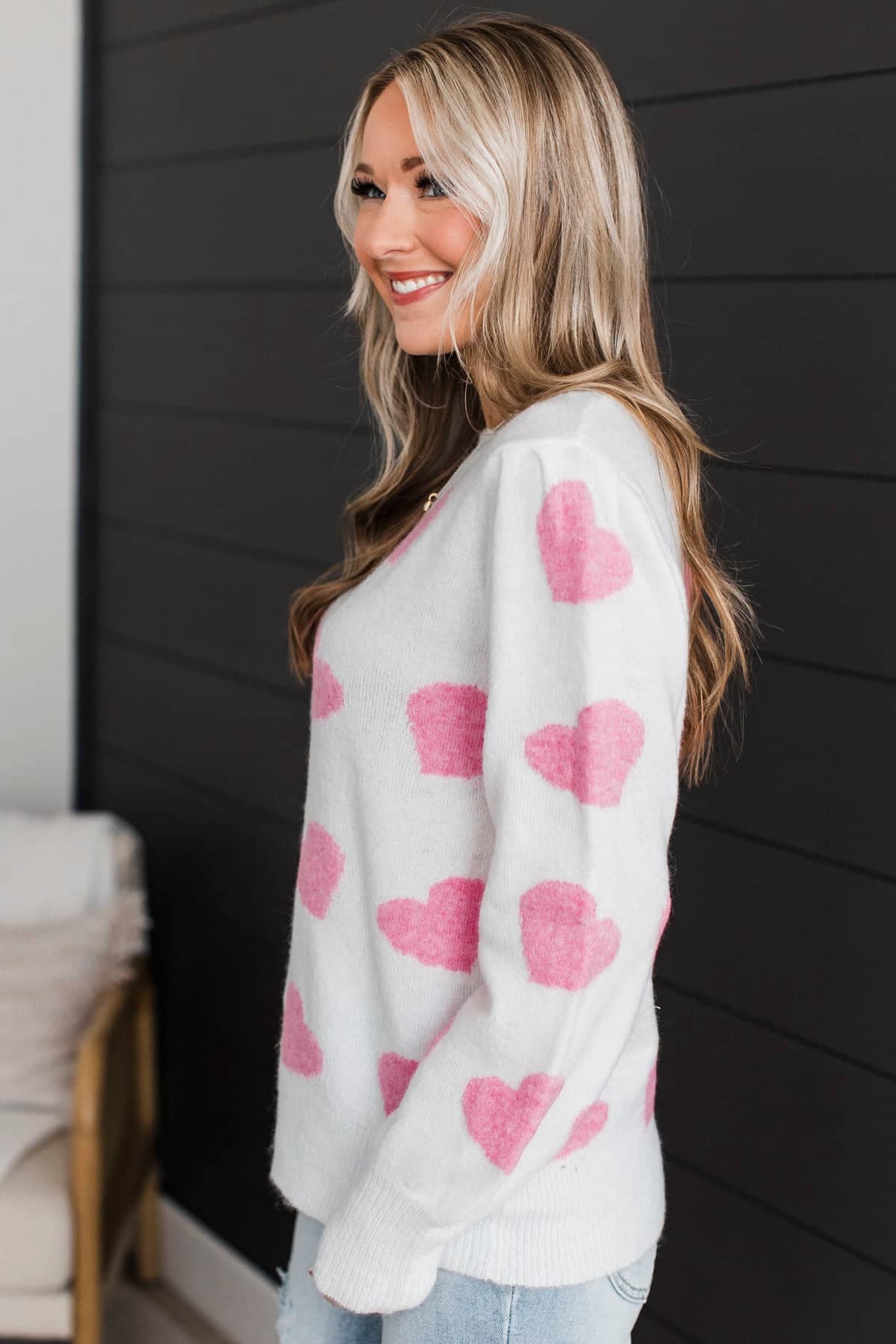 Sweet Valentine Heart Print Knit Sweater- Ivory - Image 6