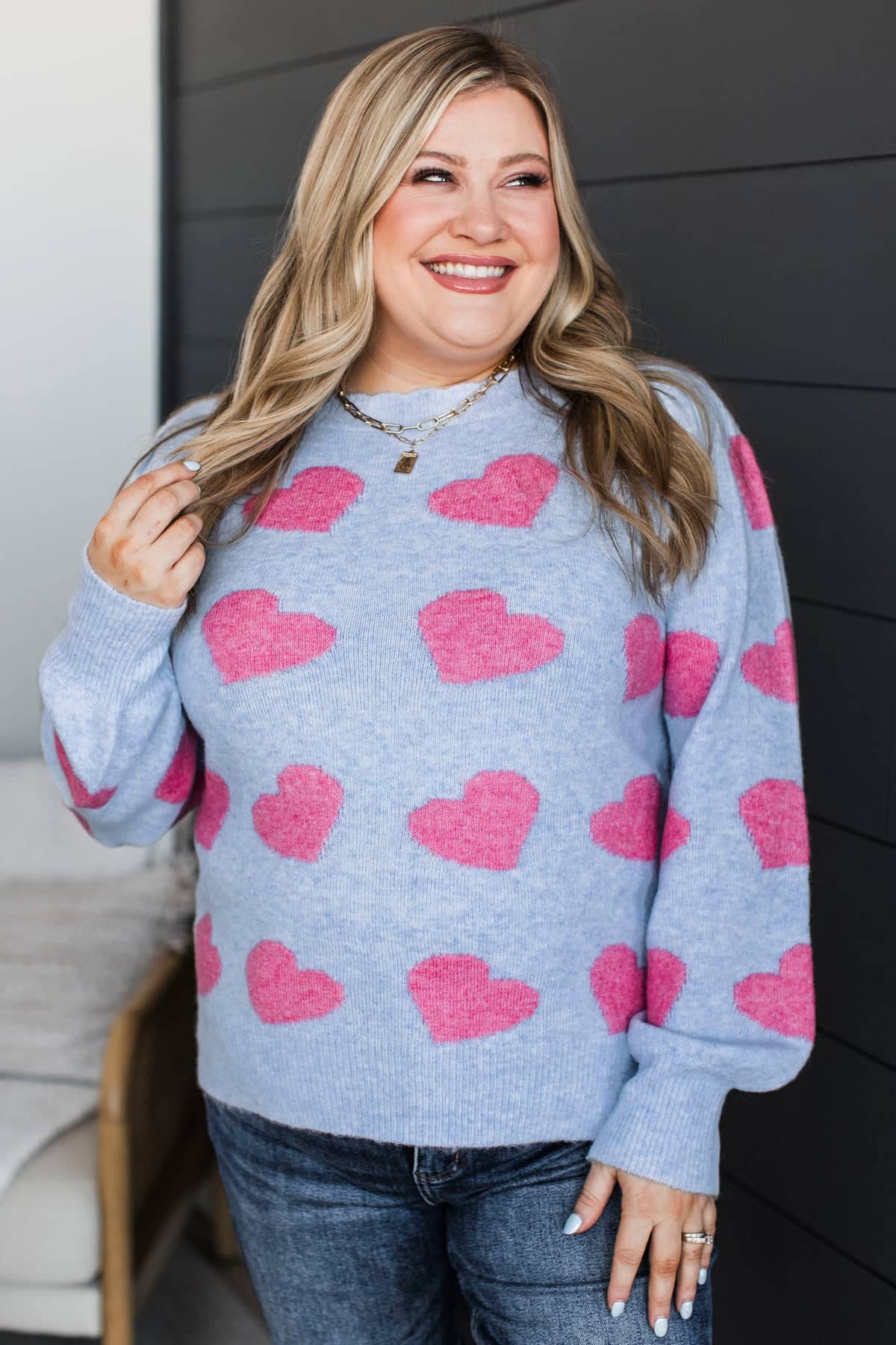 Sweet Valentine Heart Print Knit Sweater- Periwinkle