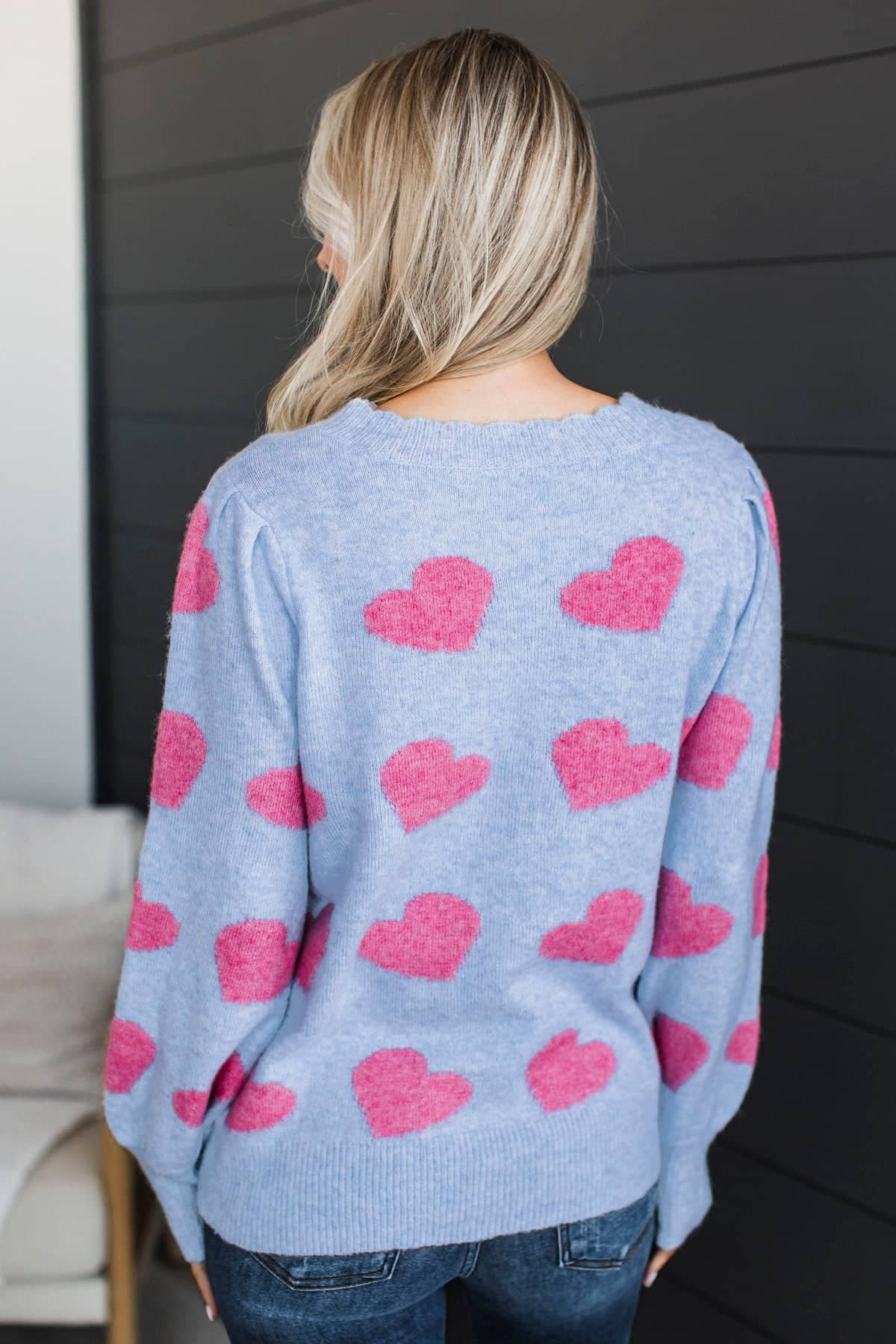 Sweet Valentine Heart Print Knit Sweater- Periwinkle - Image 8