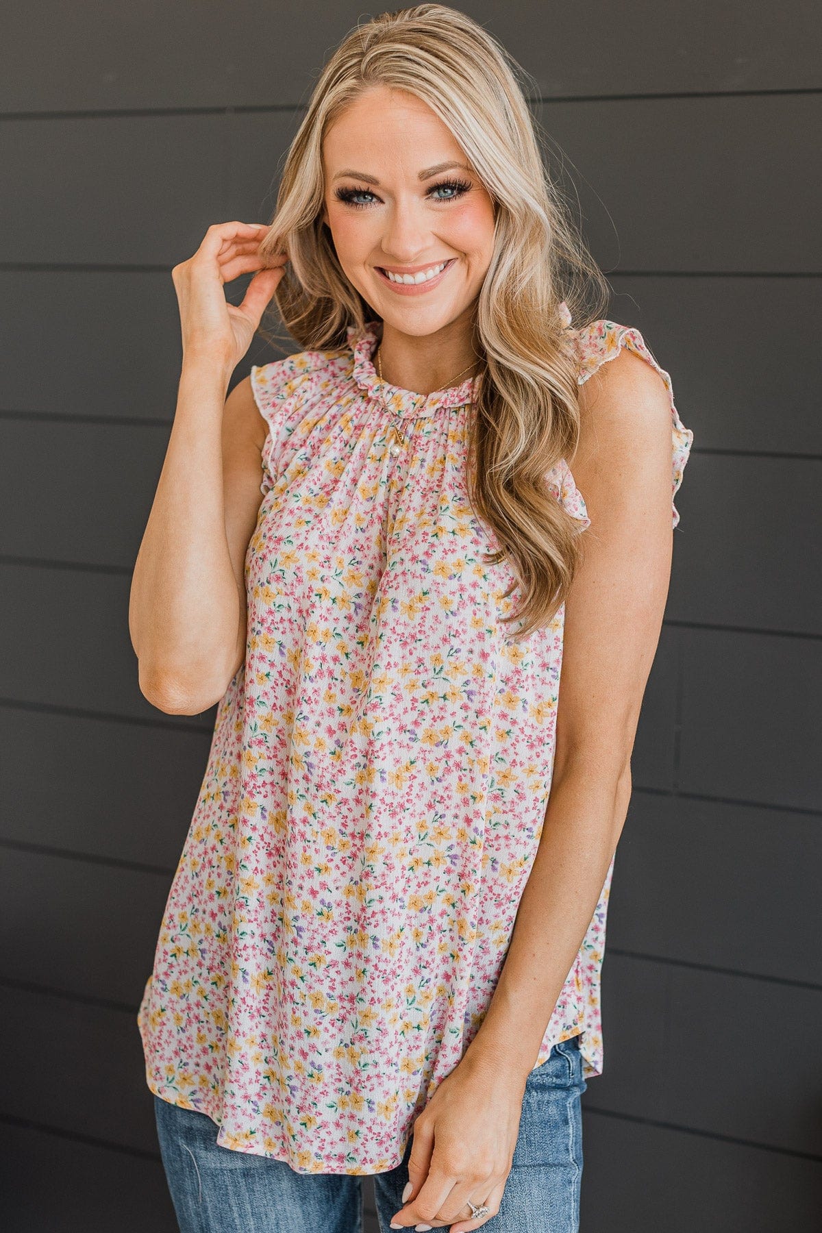 Sweeter Than Ever Ruffle Top- Ivory & Pink - Image 3
