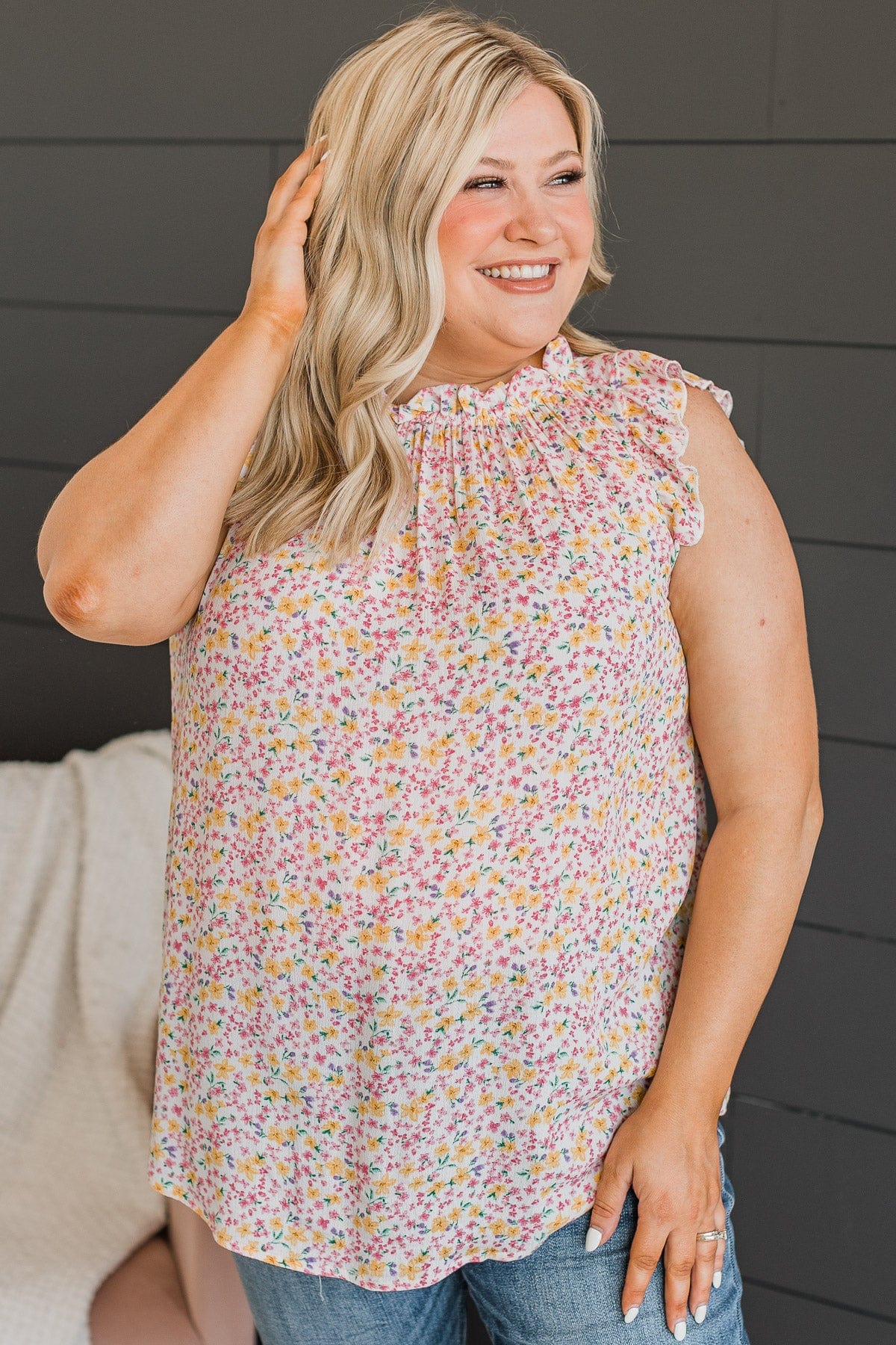 Sweeter Than Ever Ruffle Top- Ivory & Pink - Image 4