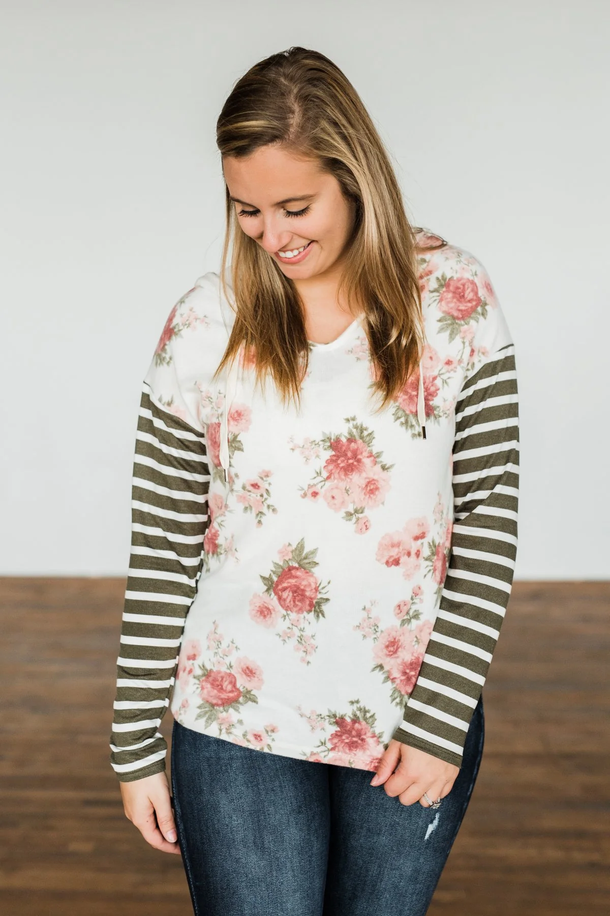 Sweeter Than Honey Floral Stripped Hoodie- Forest Green, Ivory, Mauve - Image 6