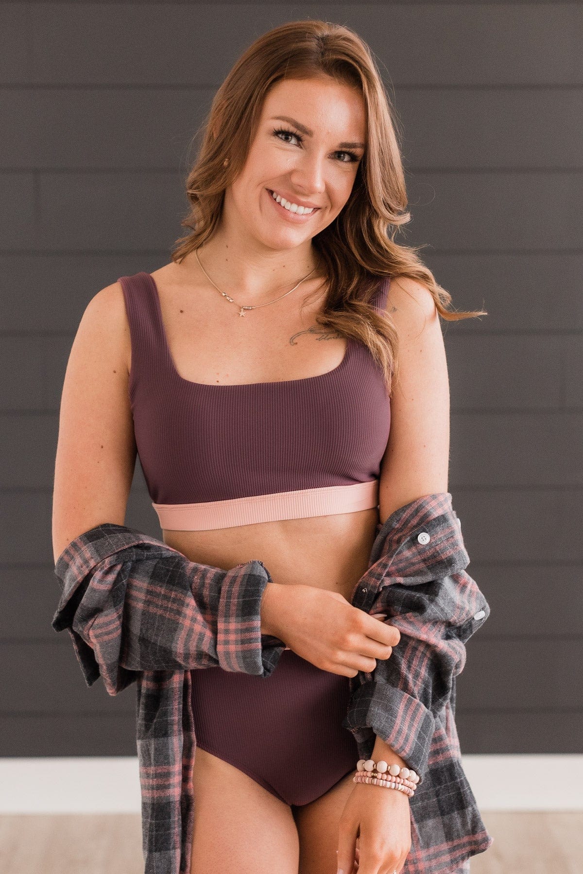 Sweeter Than Sunshine Ribbed Swim Top- Eggplant & Pink