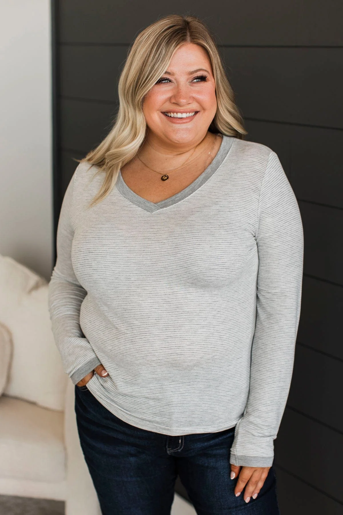 Sweetest Days Striped V-Neck Top- Heather Grey - Image 3