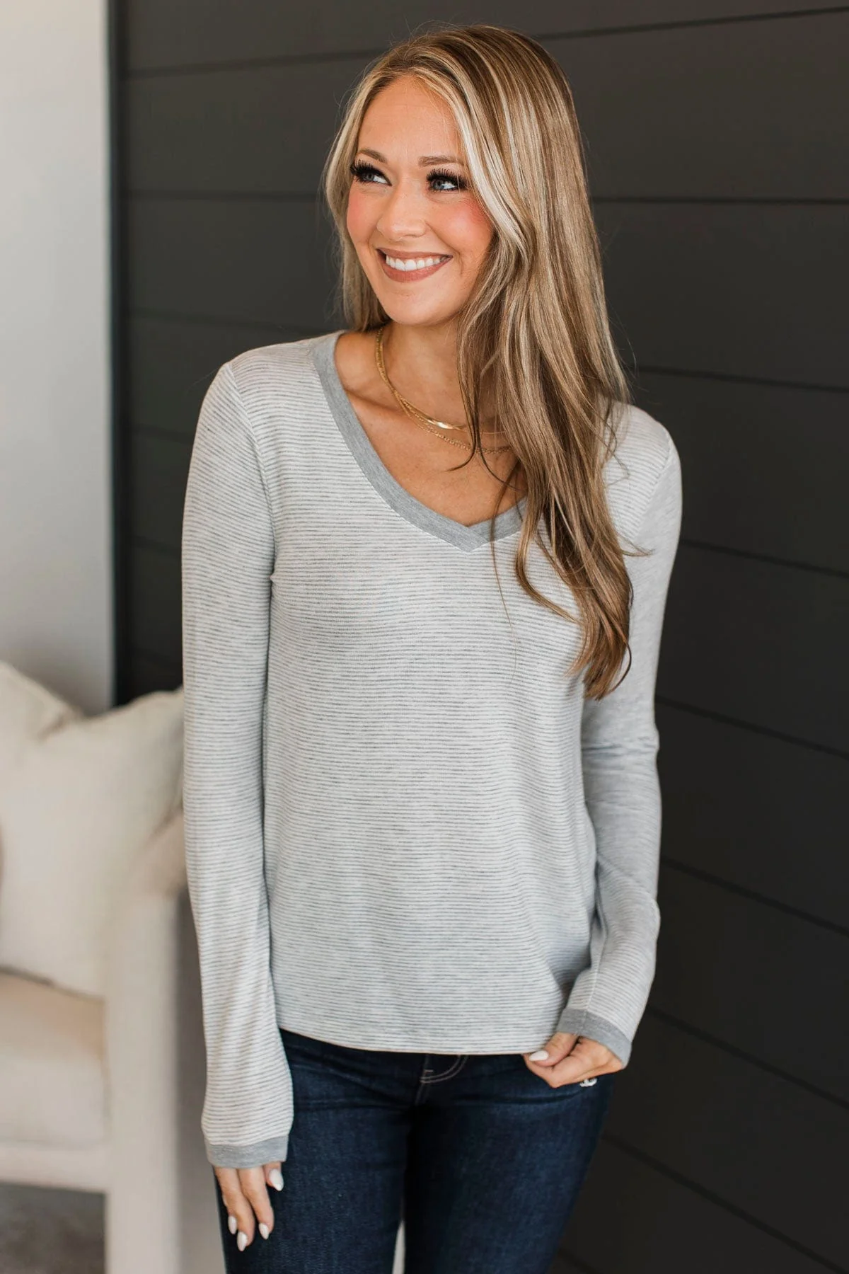 Sweetest Days Striped V-Neck Top- Heather Grey - Image 4