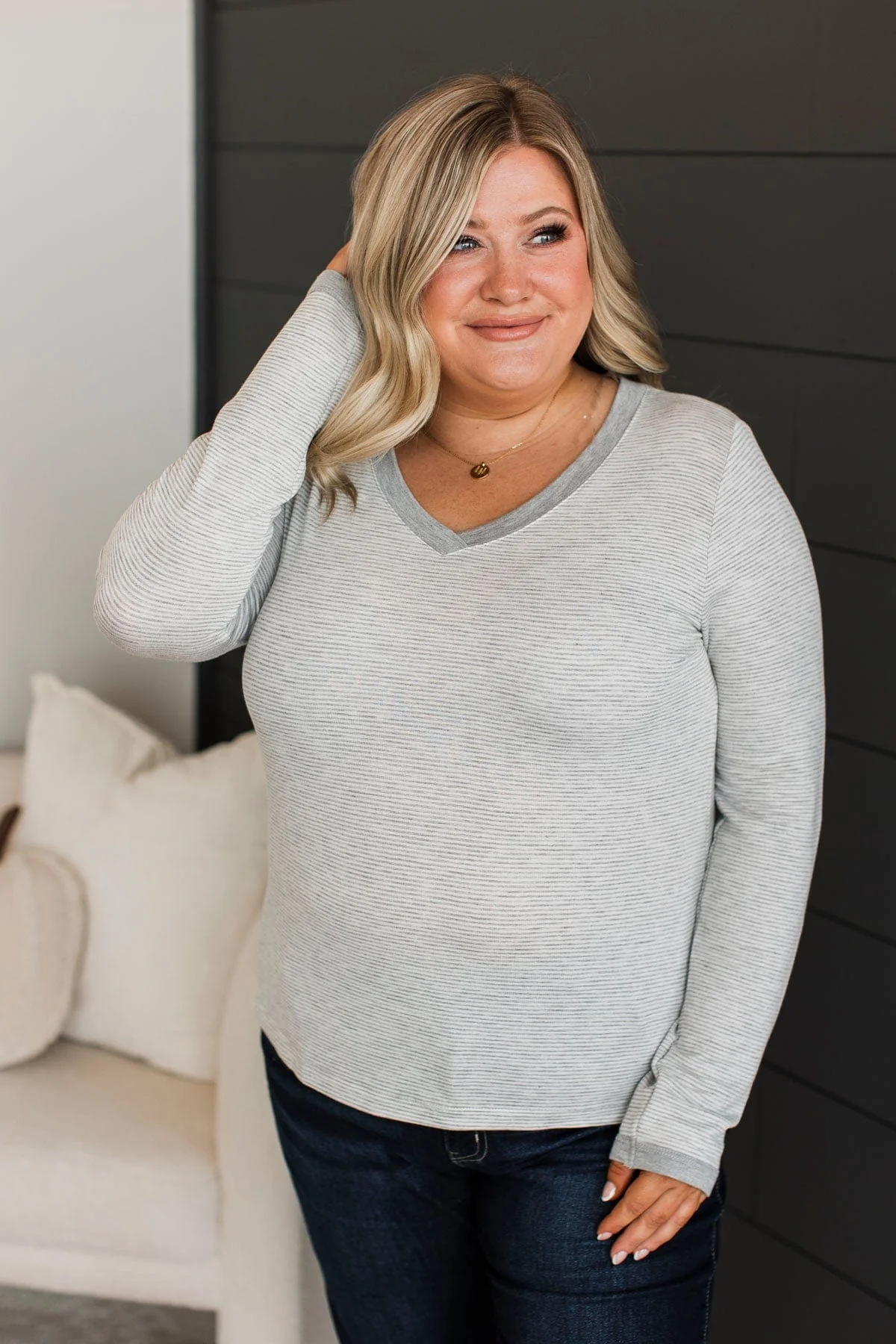 Sweetest Days Striped V-Neck Top- Heather Grey - Image 5